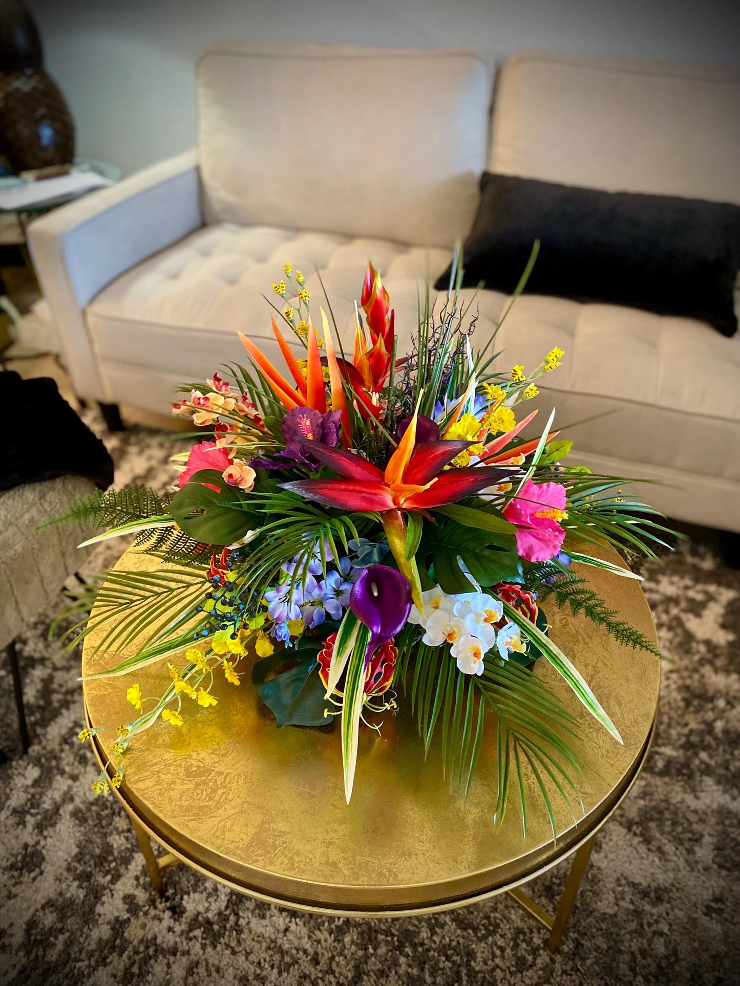 Hawaii Breeze Heliconia and Coral Fan Faux Large Floral Centerpiece, Tropical Arrangement . Artificial Flower Arrangement.