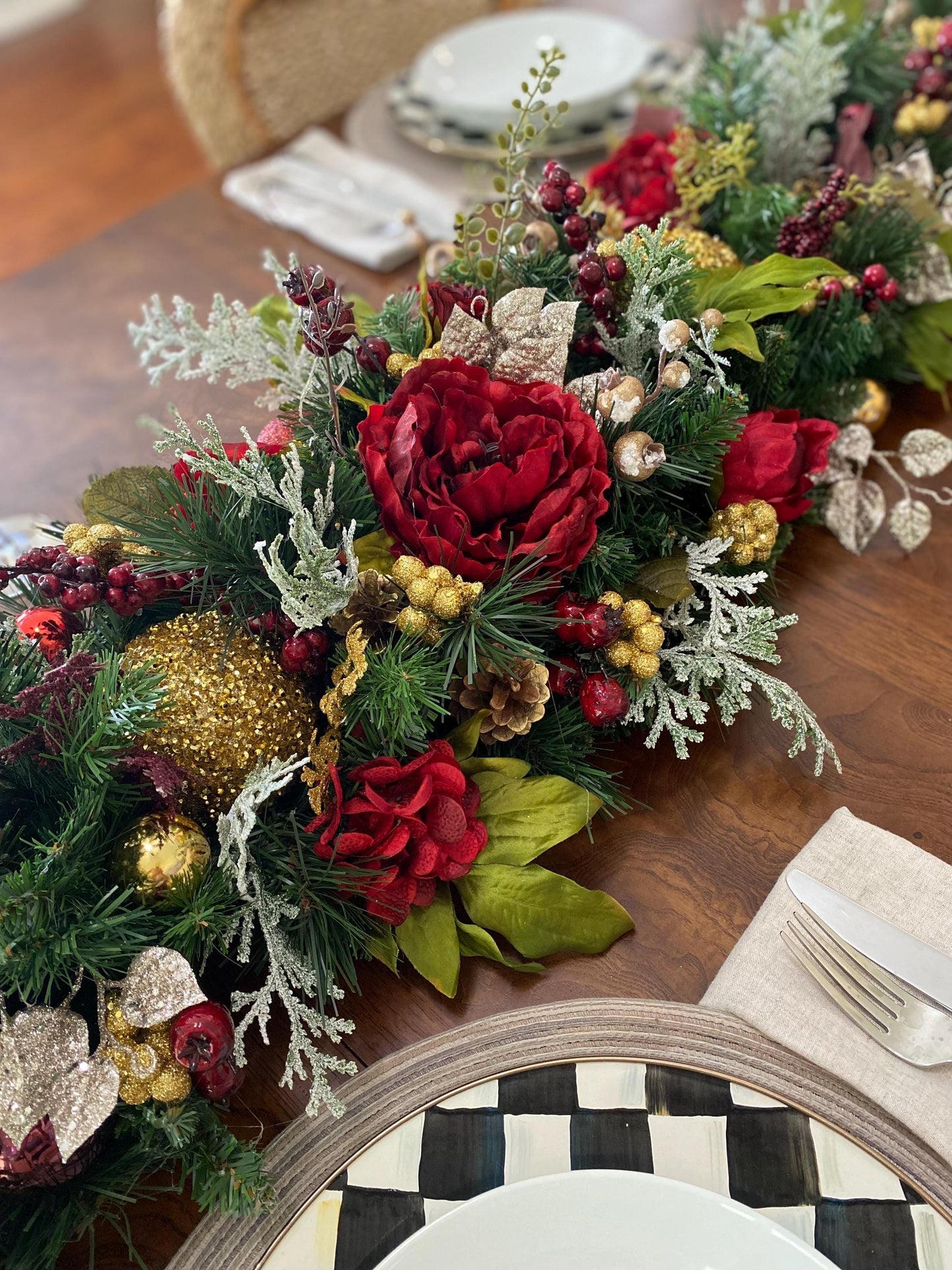 Luxe Holiday Table Runner. Artificial 6 feet long Velvety Wine Red Peony . Perfect for long table.