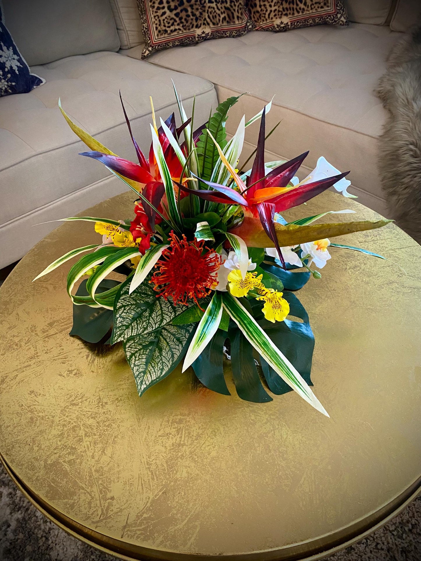Low profile Tropical Floral Centerpiece, Bird of Paradise and Orchid 15” diameter 11” height