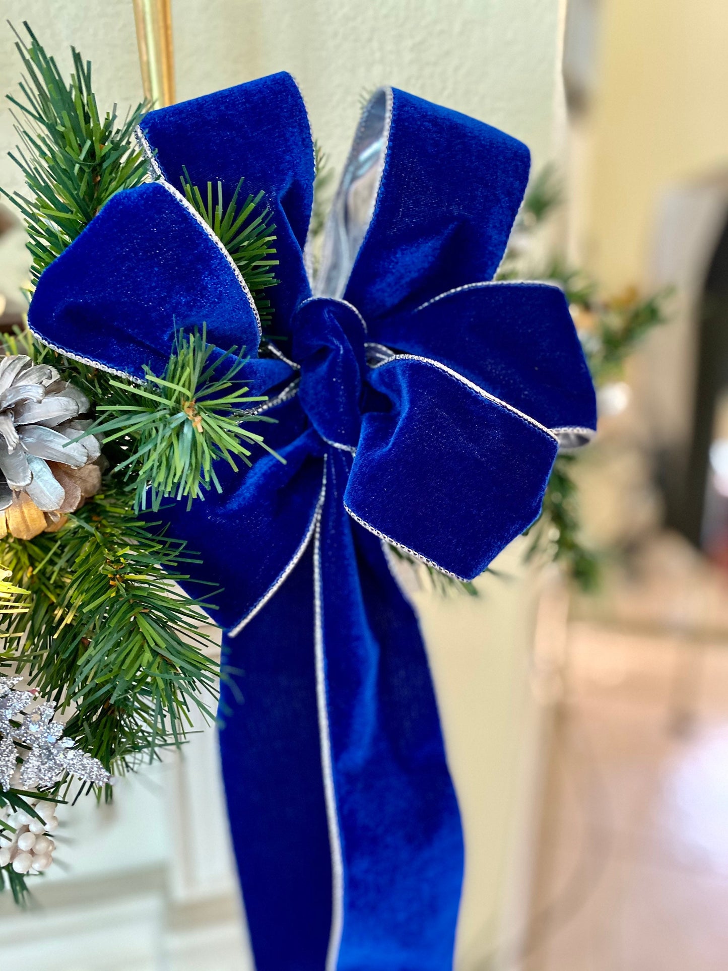 Christmas Garland. Blue Velvet Ribbon with silver trimmings/ backing, Cordless, FREE SHIPPING, 50 LED light cordless with timer,