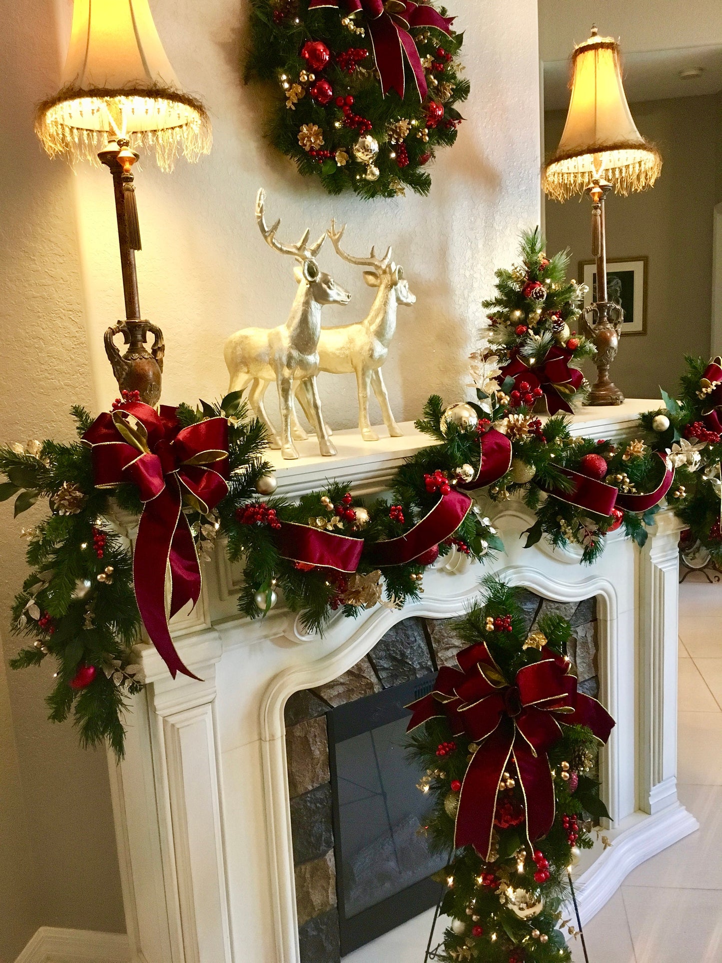 4 PC Set Christmas Wreath & Garland Set / Burgundy Velvet Ribbons , FREE SHIPPING, Cordless, Pre-lit, Original,
