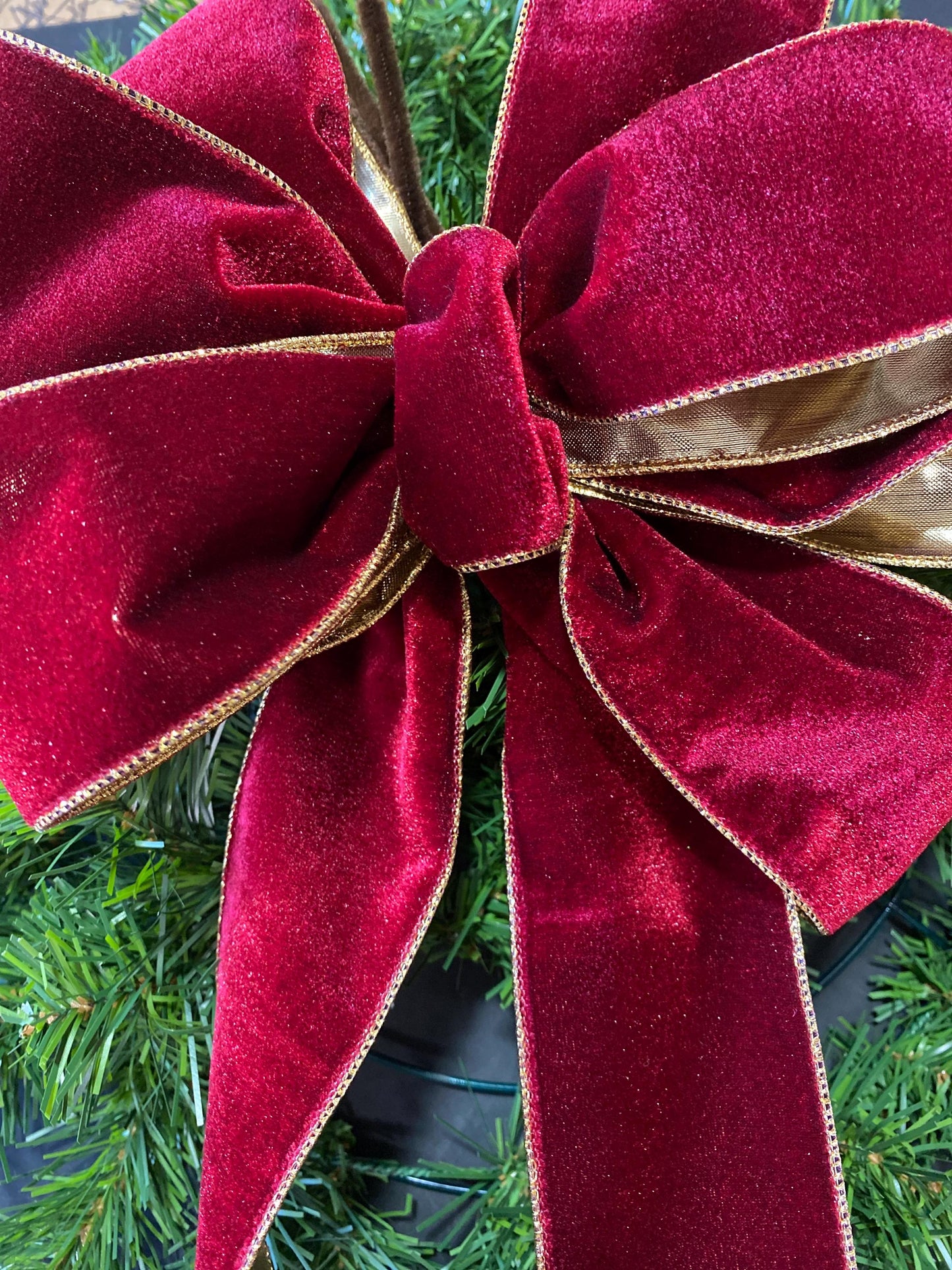 Burgundy Velvet Christmas Wreath with Cordless LED Timer Lights, Luxury Holiday Door Decor.