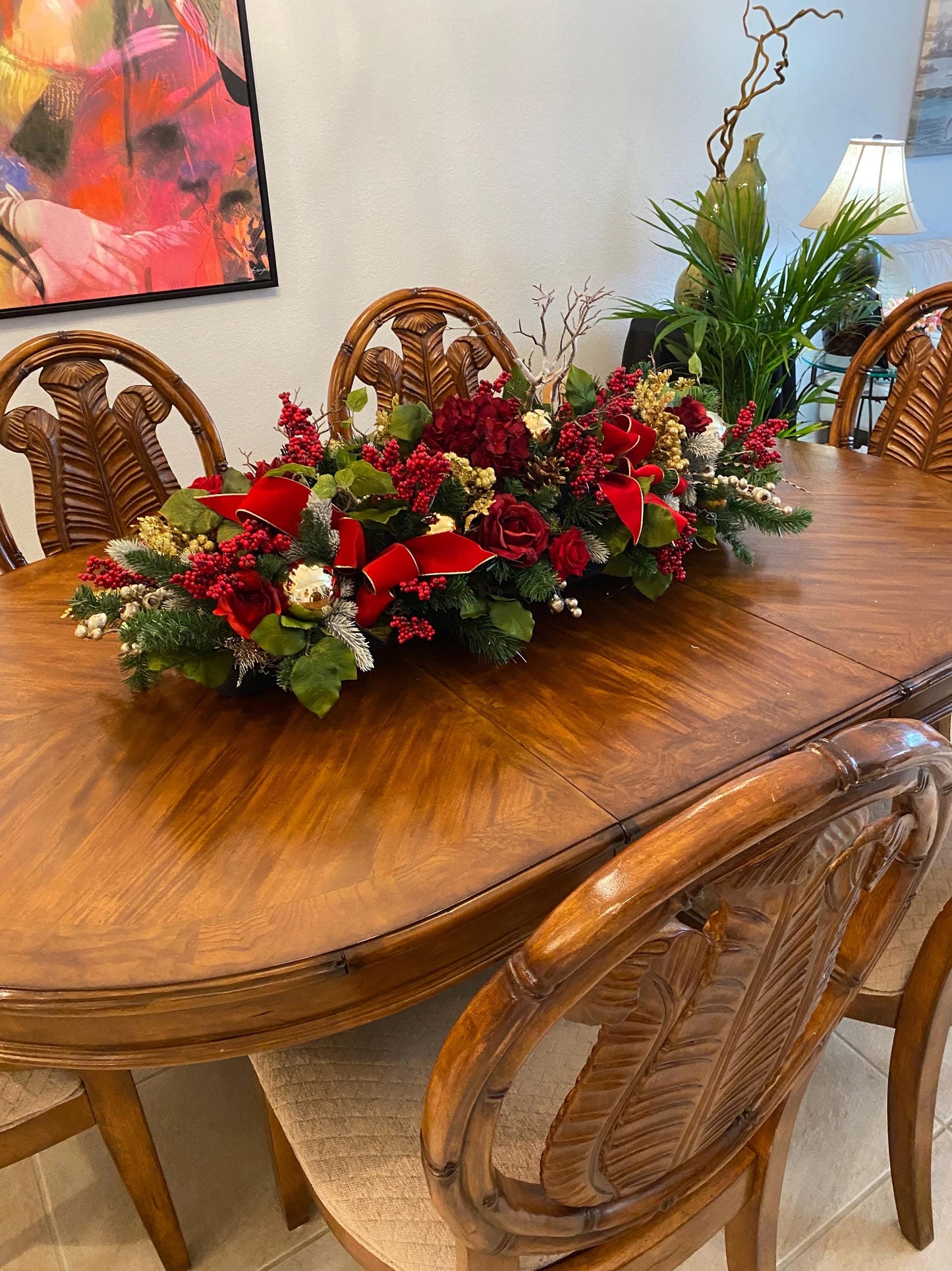 Luxury XL Holiday Table Centerpiece . Artificial 45” long Velvety Wine Red flwerlet . Perfect for a large table.