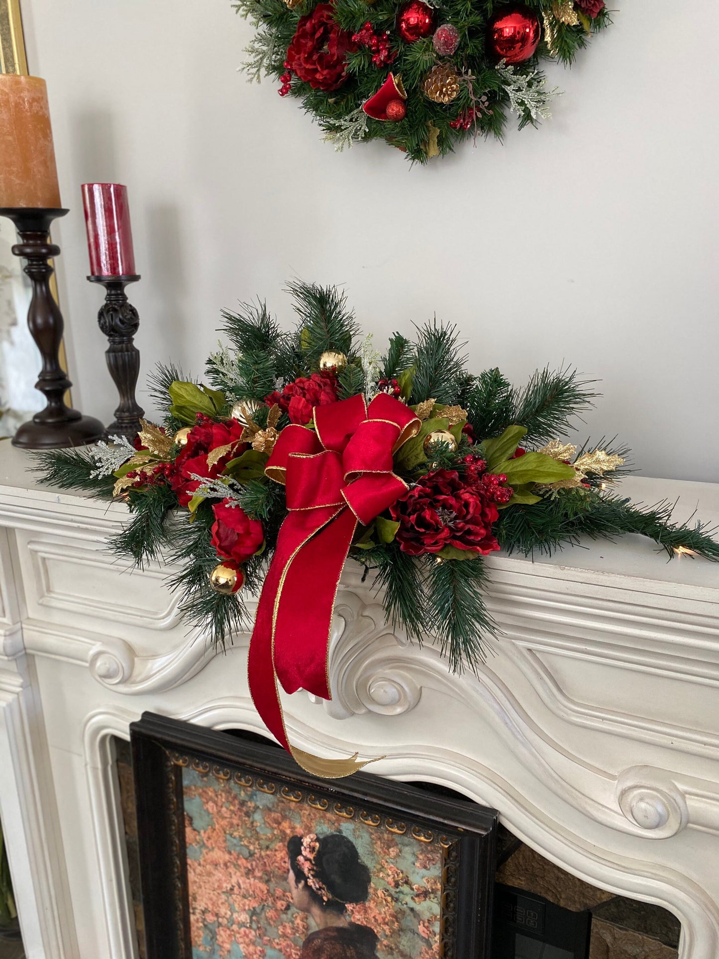 Adorable Red Velvet Garland, Mantle Centerpiece with large Bow. 36inch FREE SHIPPING, Artificial, 48 LED light with Timer,