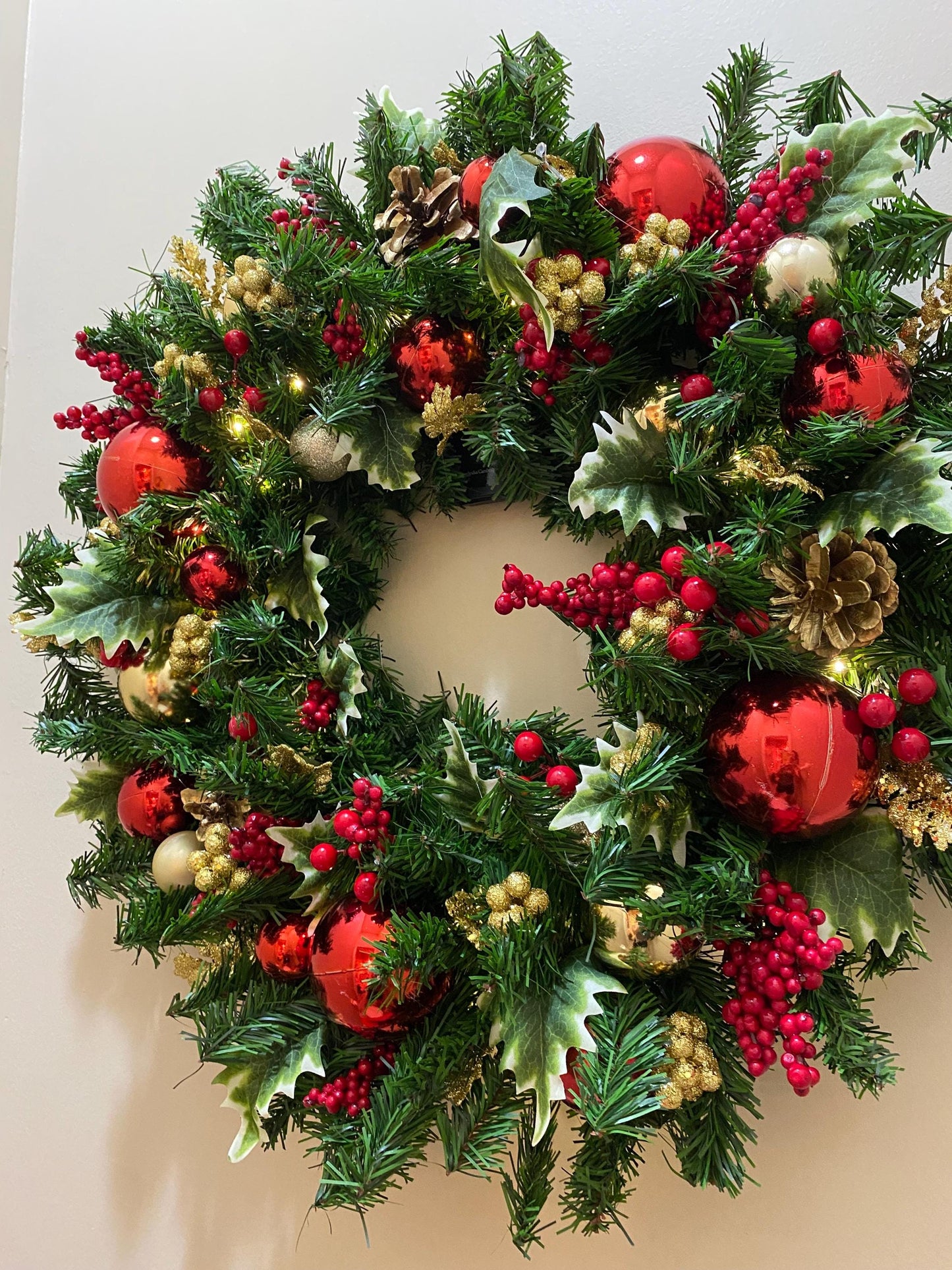 23" LED Christmas Wreath, Red Holly Berry Pine, Battery Operated Timer