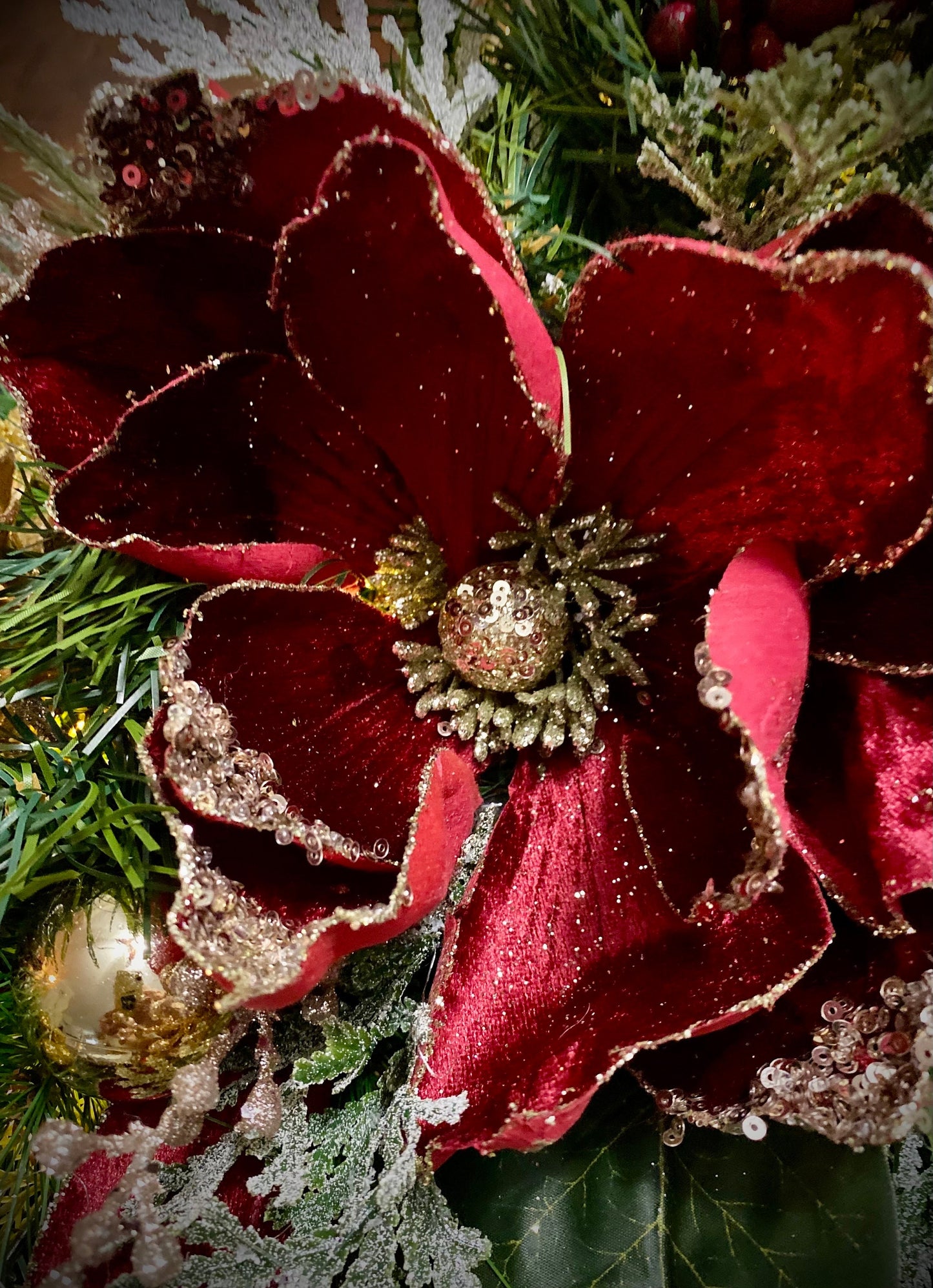 Velvet Wine Red Magnolia Holiday Centerpiece, LED Lights & Timer