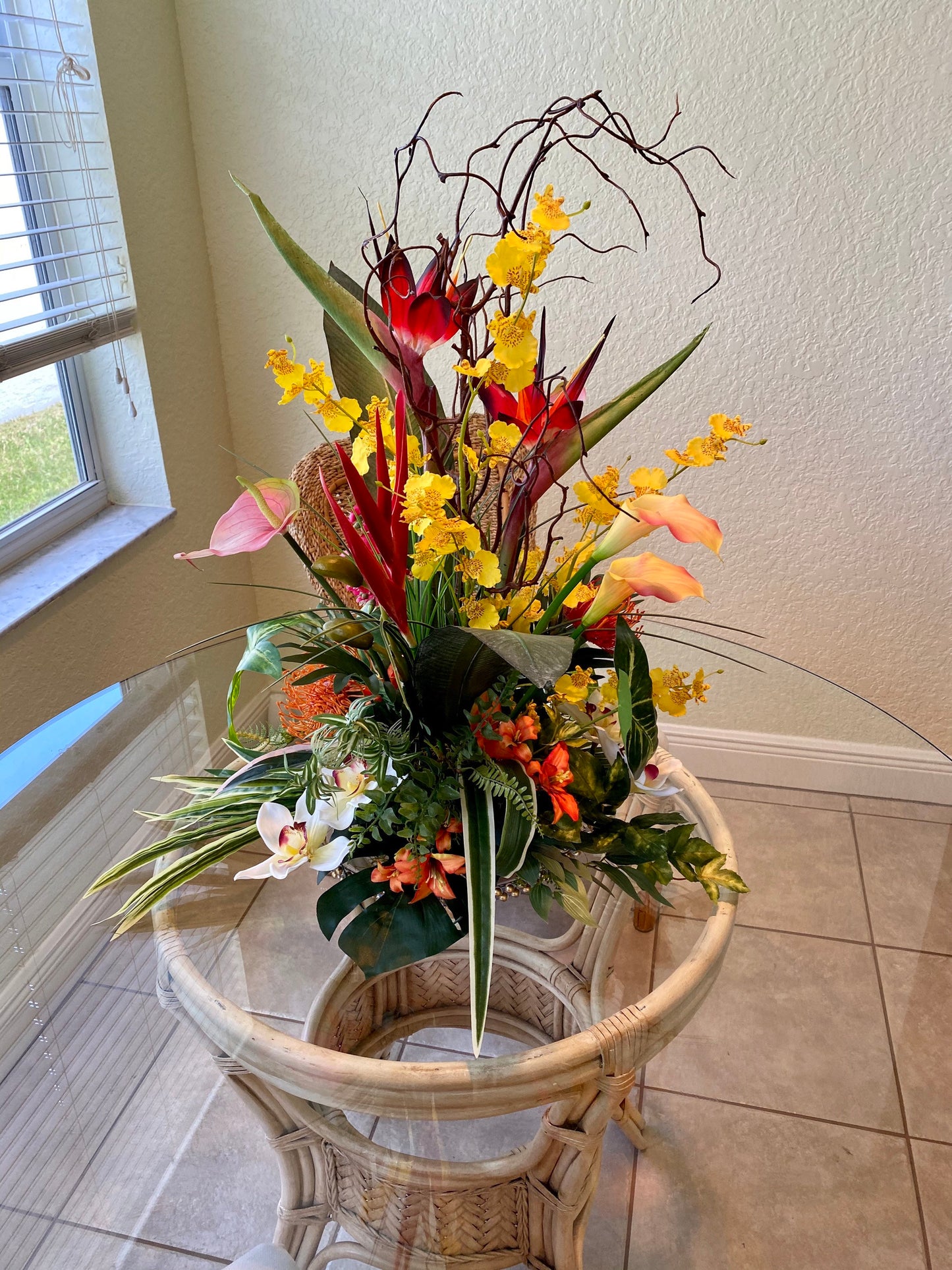 Luxury Tropical Bird of Paradise Centerpiece, Orchid & Anthurium Arrangement