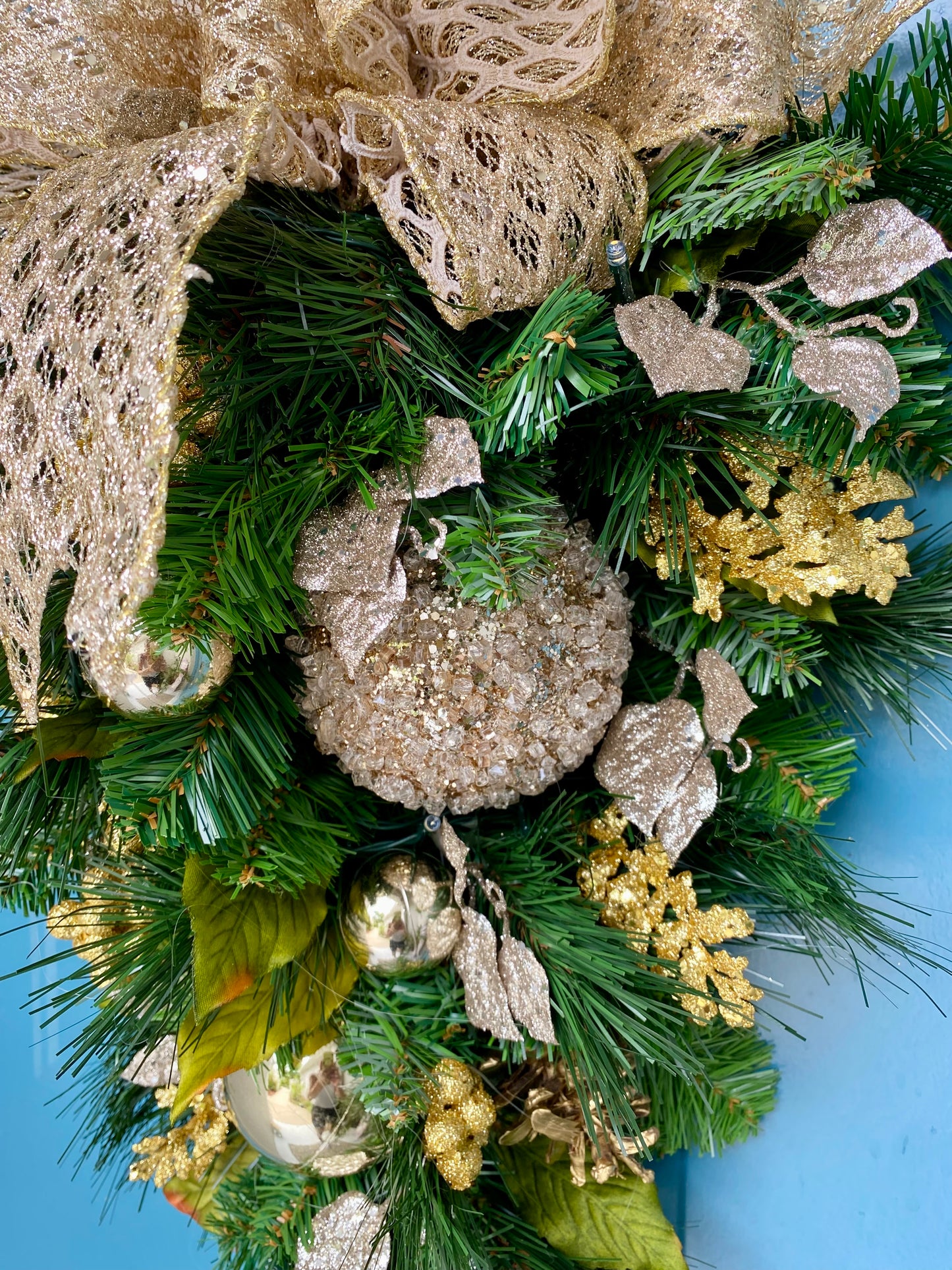 Luxury Gold Holiday Decor. Front Door Wreath. Artificial Pre-Lit Pre-Lighted LED with auto Timer