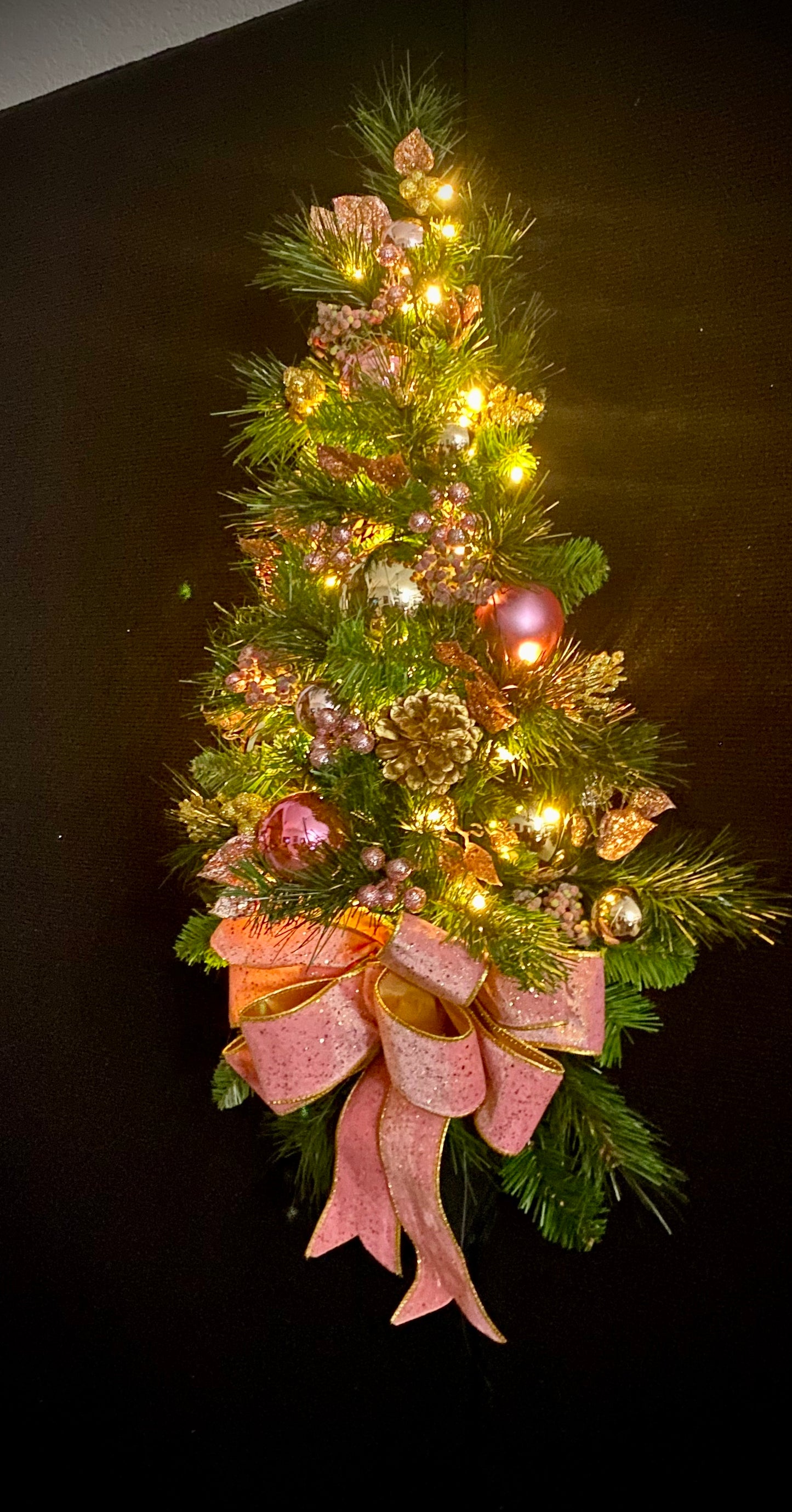 Pink Velvet Christmas Teardrop Swag, Lighted Cordless Artificial Wall Tree, Holiday Door Decor