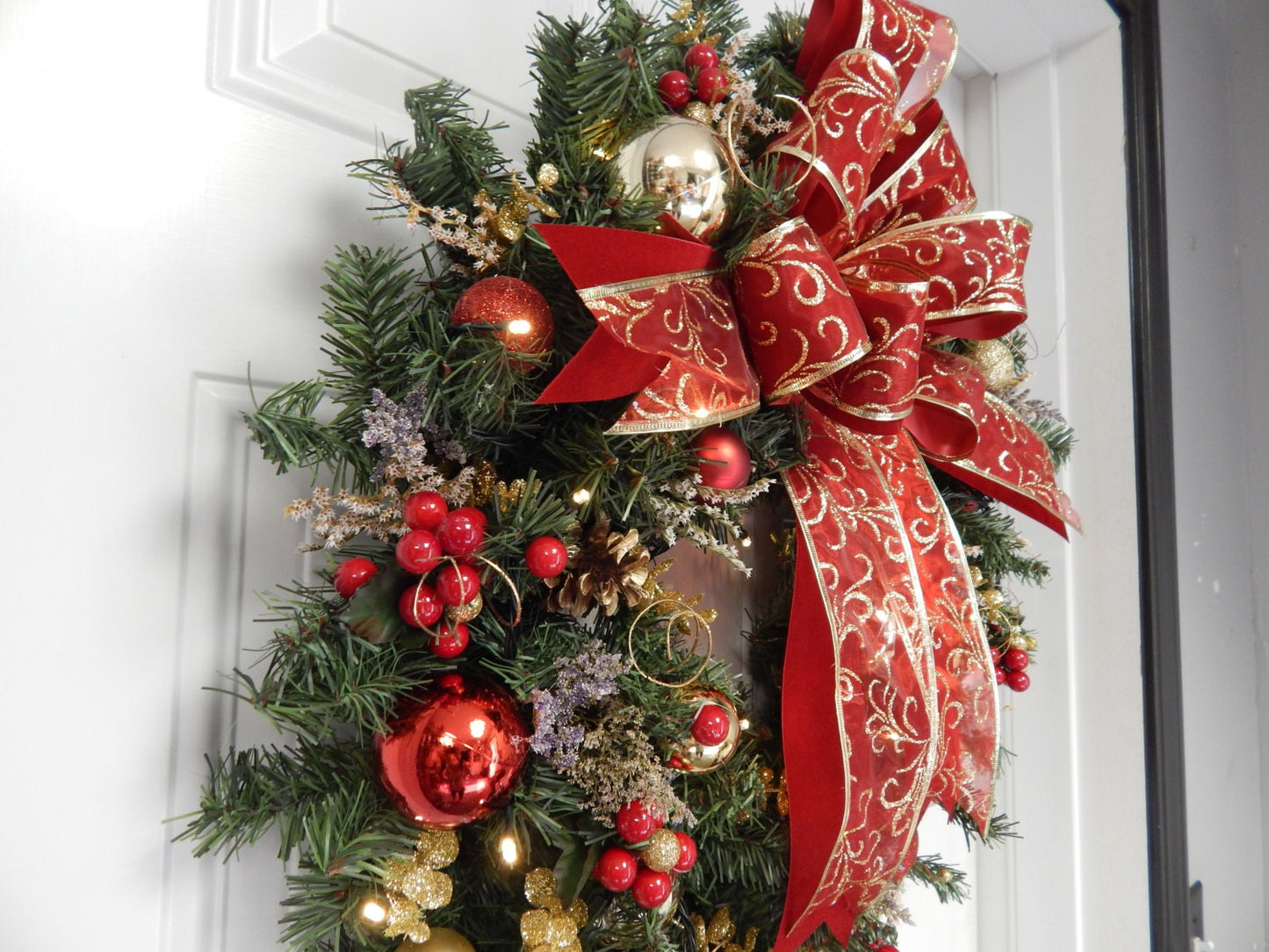 Red Christmas Wreath, Lighted with Timer, Holiday Door Decor