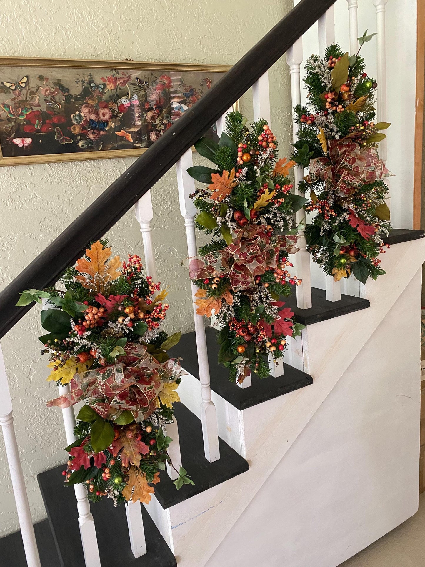 Fall Luxury 3 pc Set Thanksgiving Swag for Stairs, Artificial Decor (Pre Lit with Automatic Timer) Free Shipping, Orange, Vertical Swags.
