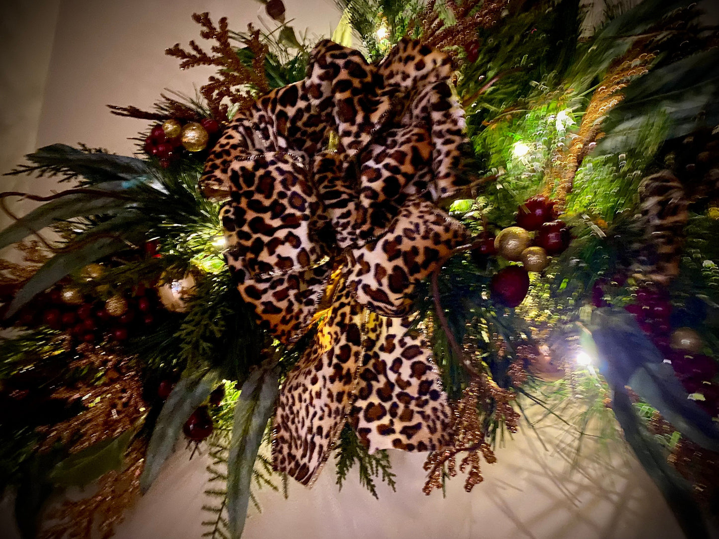 Signature Leopard Ribbon Swag. Luxury Wide Designer Ribbon., Artificial Swag , LED Light with Auto 6 hours on timer