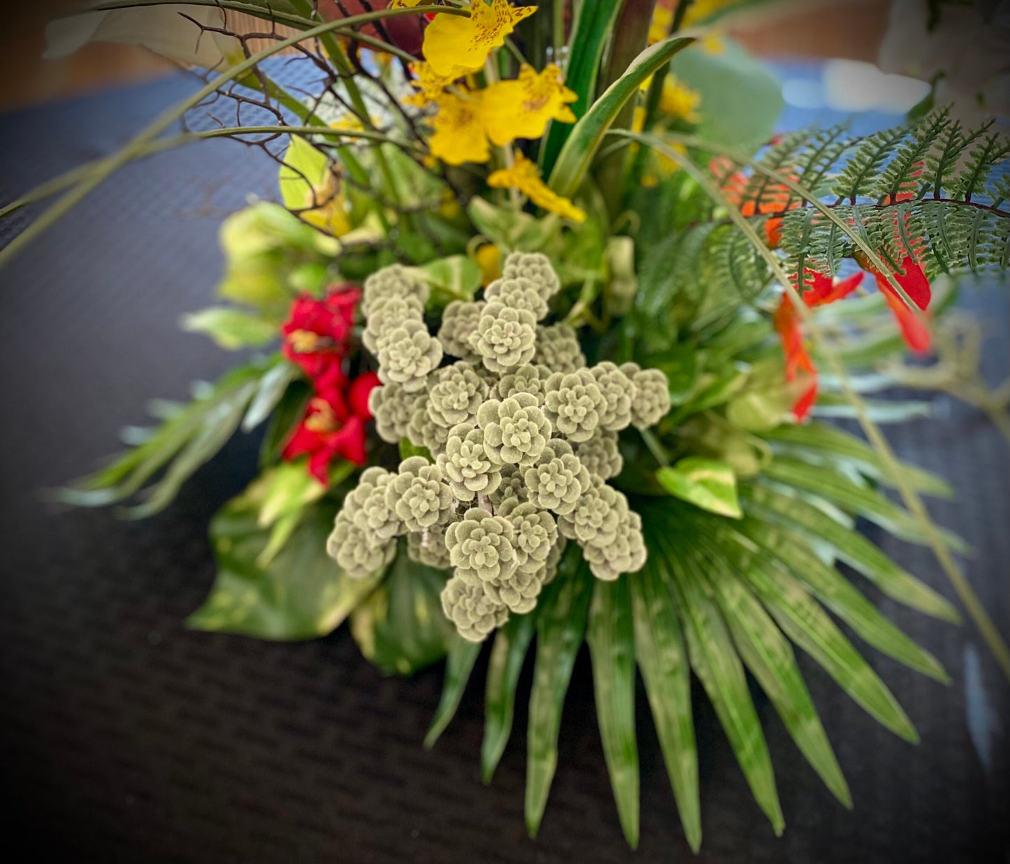 Exotic Elegant. Bird of paradise, Sea-fan, Succulent Tropical Centerpiece. Artificial. 24x13” 3 pounds. Great for medium dining table size.