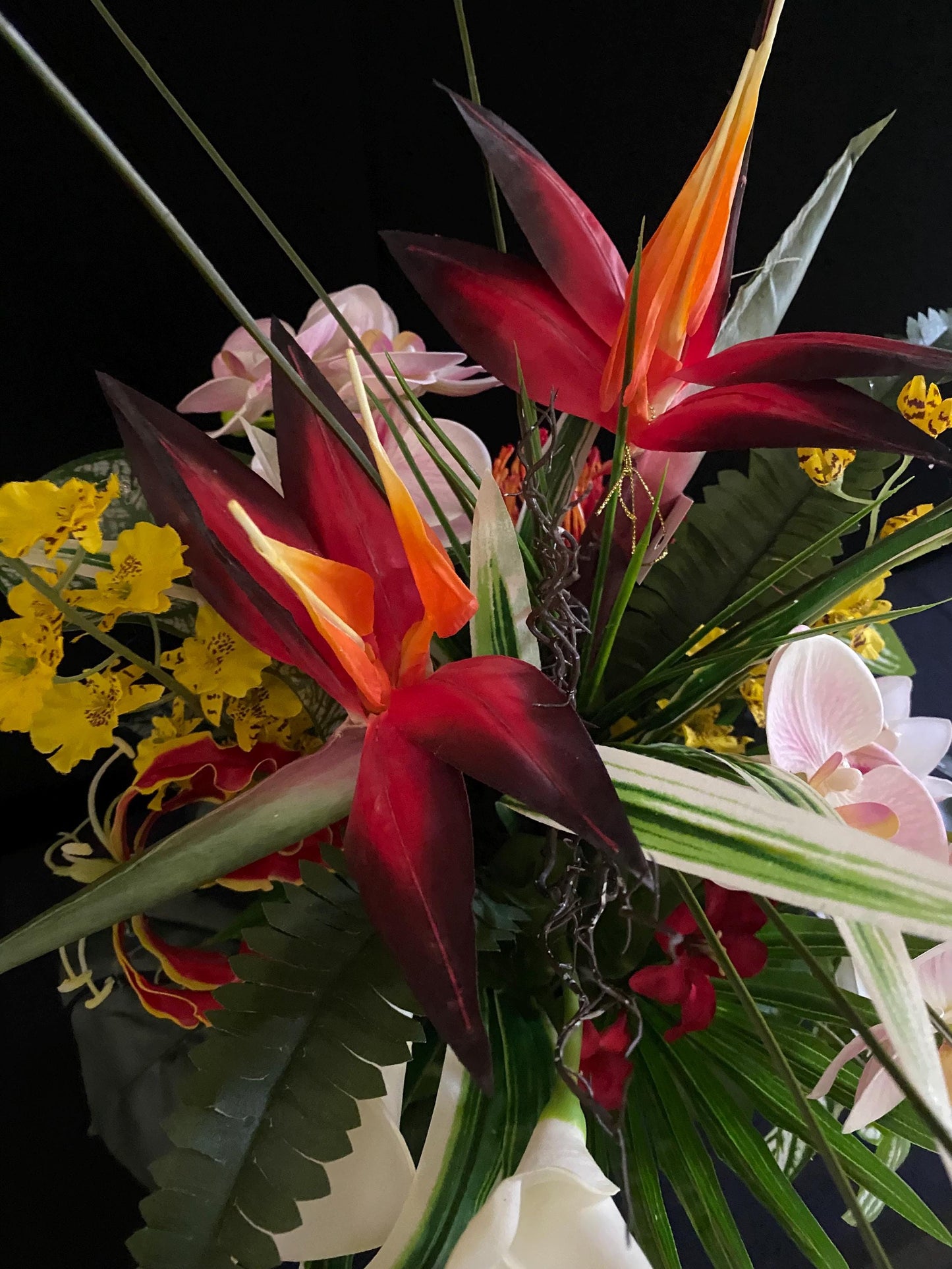 Bird of Paradise and Orchid in 5 inch black cube. Artificial Colorful Exotic summer arrangement. Wedding Centerpiece. 16"hx15" diameter.