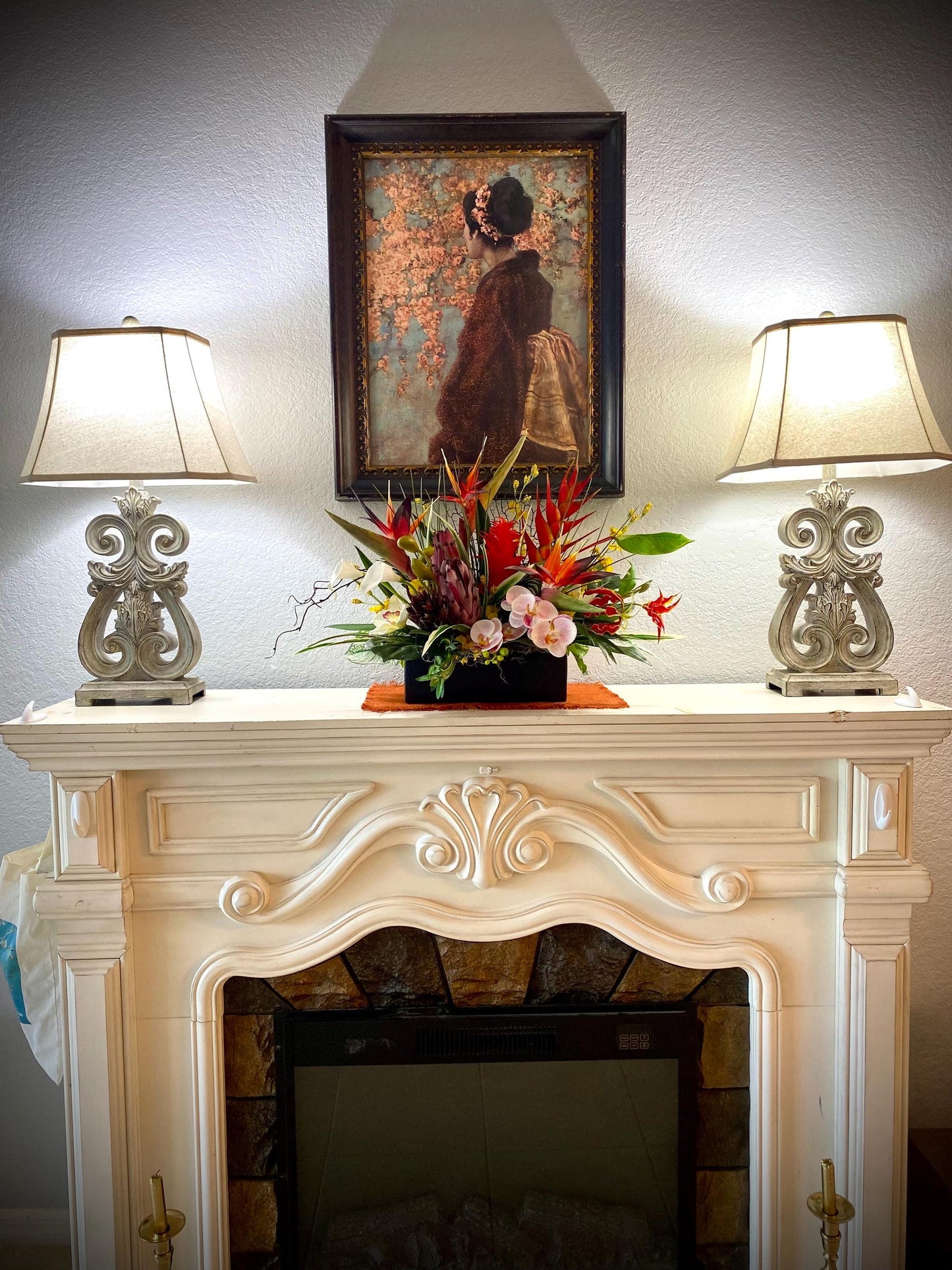 Bird of Paradise and Heliconia in Black Ceramic Vase. Tropical Centerpiece with Artificial Arrangement. 26Wx18Hx15D
