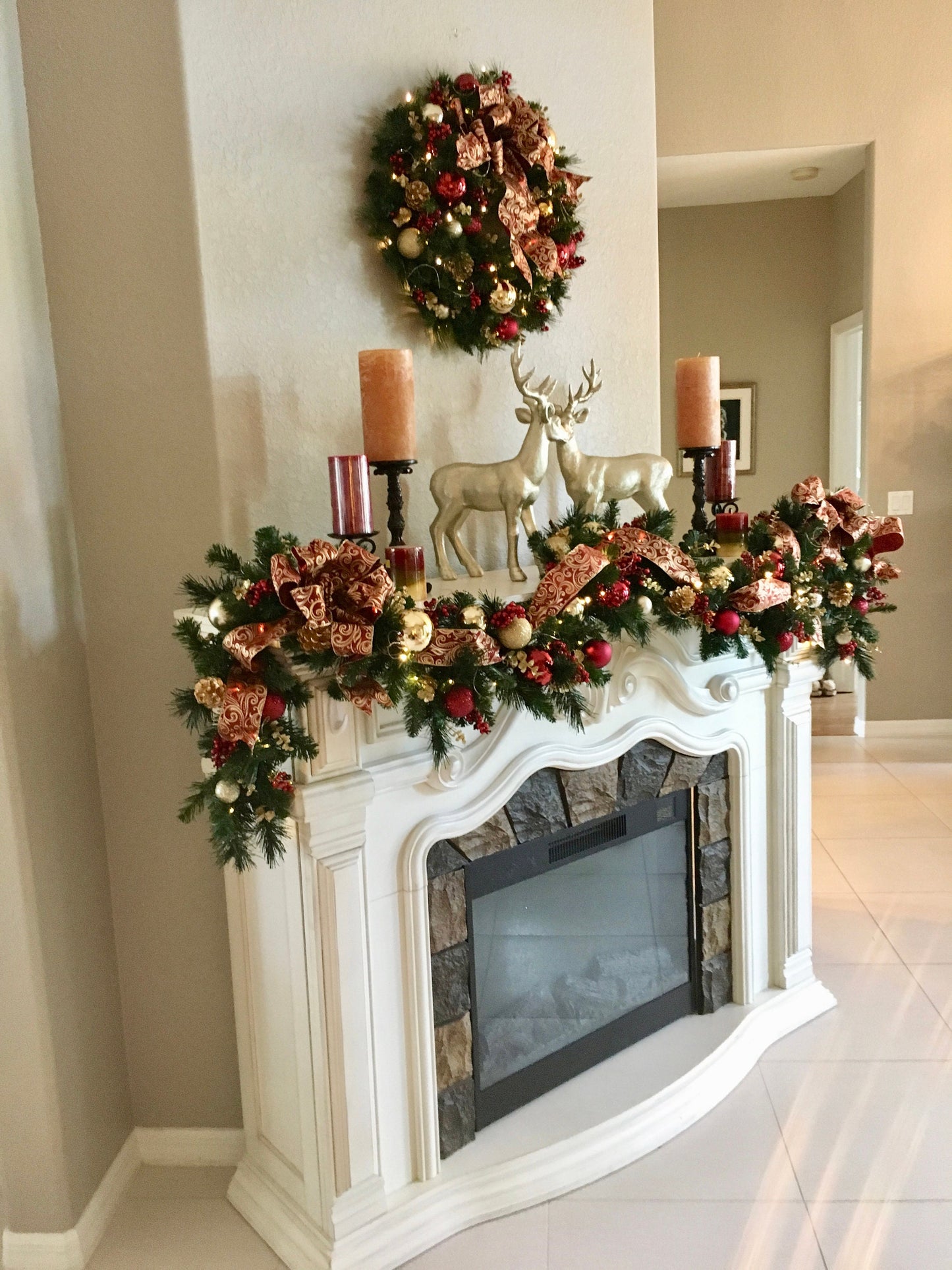 Burgundy Christmas Wreath and Garland Set, LED Lighted, Holiday Decor