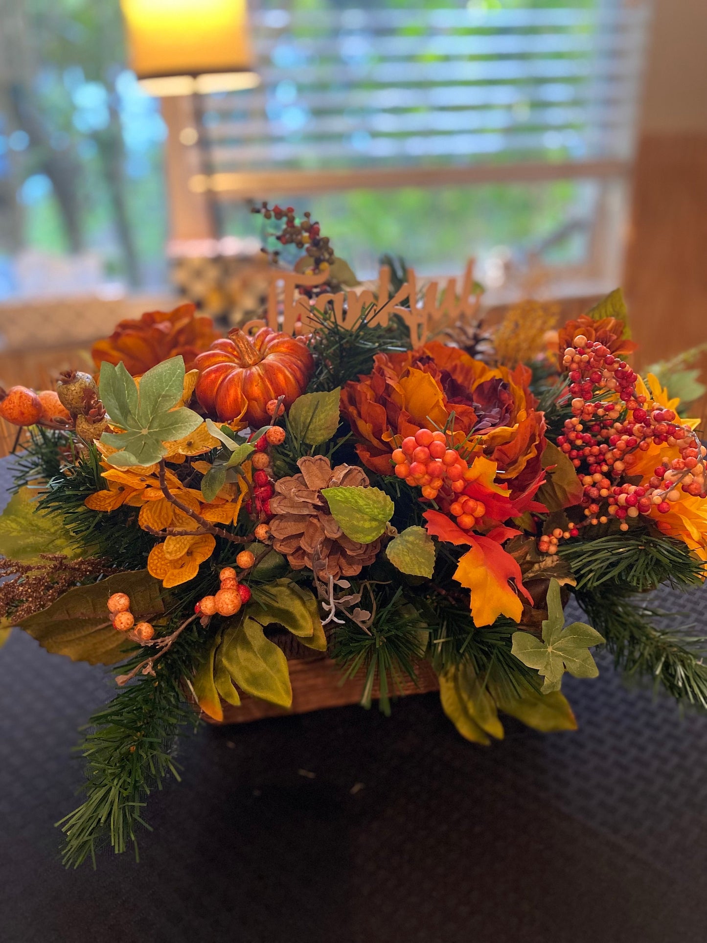 Thanksgiving Centerpiece with Pumpkin & Peonies Mix, Fall Basket Arrangement, Autumn Table Decor