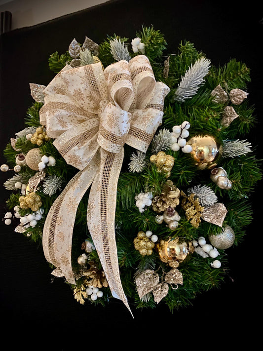 Champagne Christmas Wreath, LED, Snowflake Ribbon