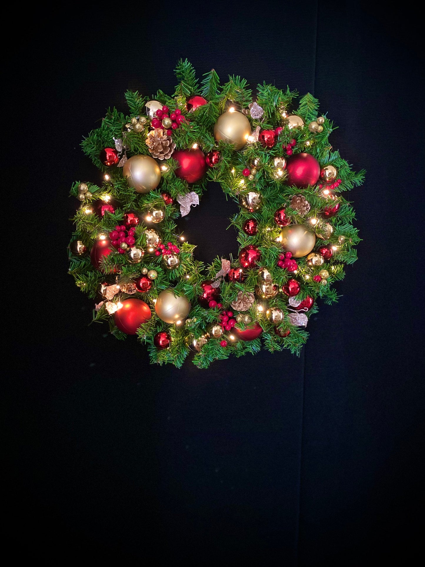 On Sale !!  Wreath, Economical, 23inch Red Wreath, Red and Gold Wreath, Cordless, LED  Timed light, Elegant Wreath, Battery Operated,