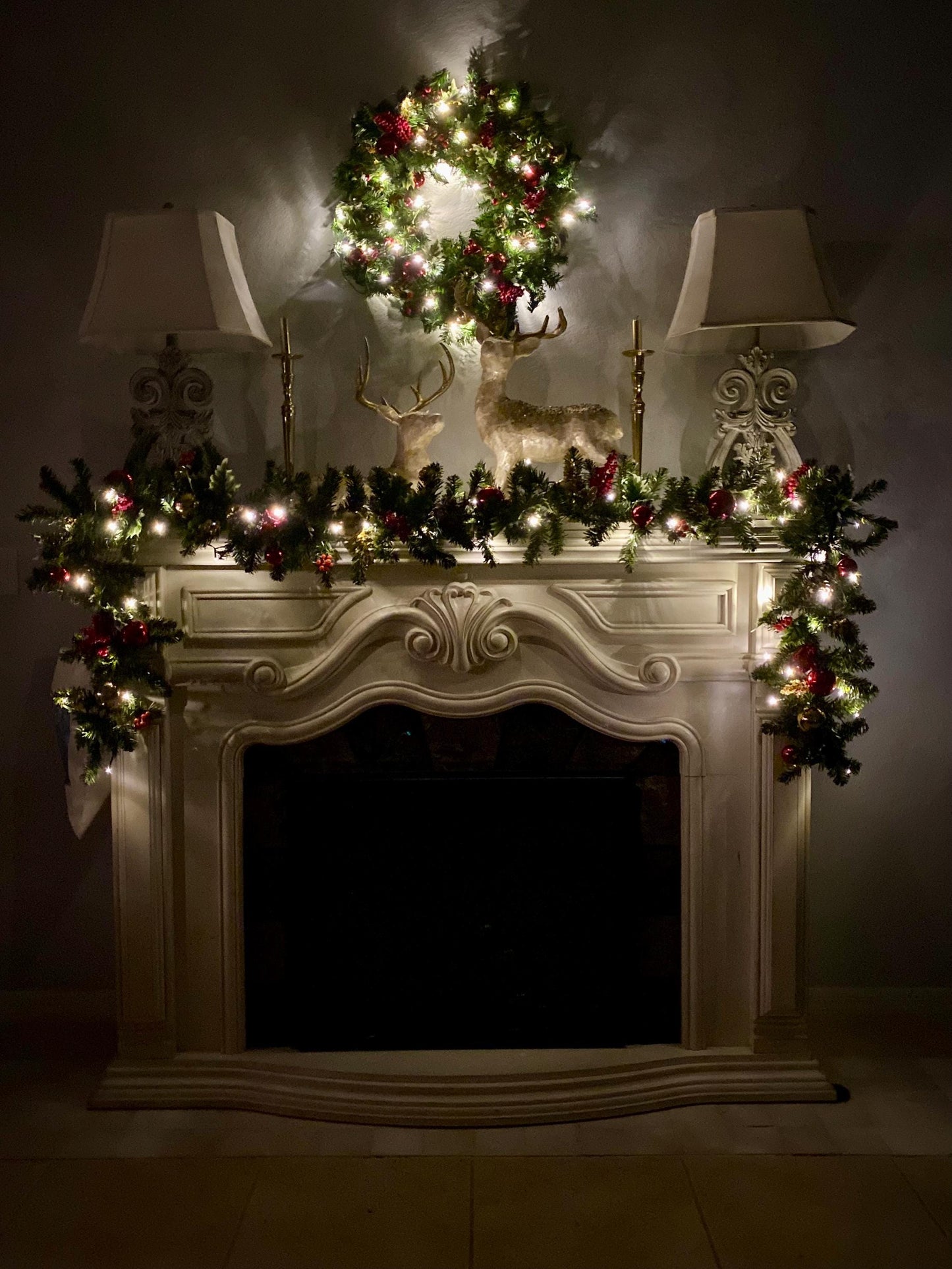 Economical Holiday Decor Set. Artificial and Simple Pre Decorated Pre Lighted Wreath with 9' Garland Included Cordless Light with Timer.