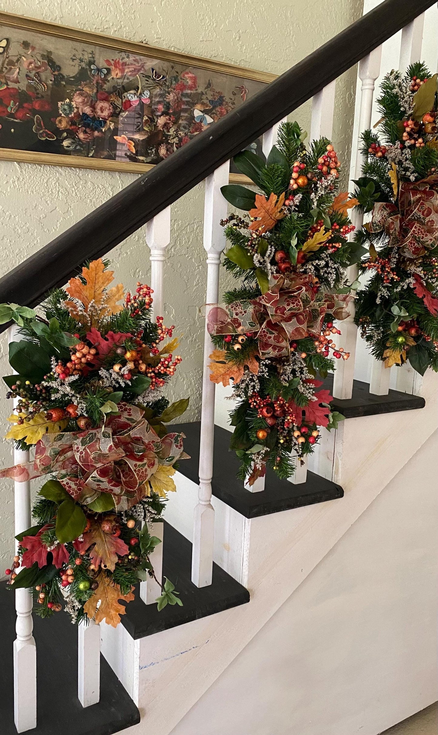 Fall Luxury 3 pc Set Thanksgiving Swag for Stairs,  Artificial Decor (Pre Lit with Automatic Timer) Free Shipping, Orange, Vertical Swags.