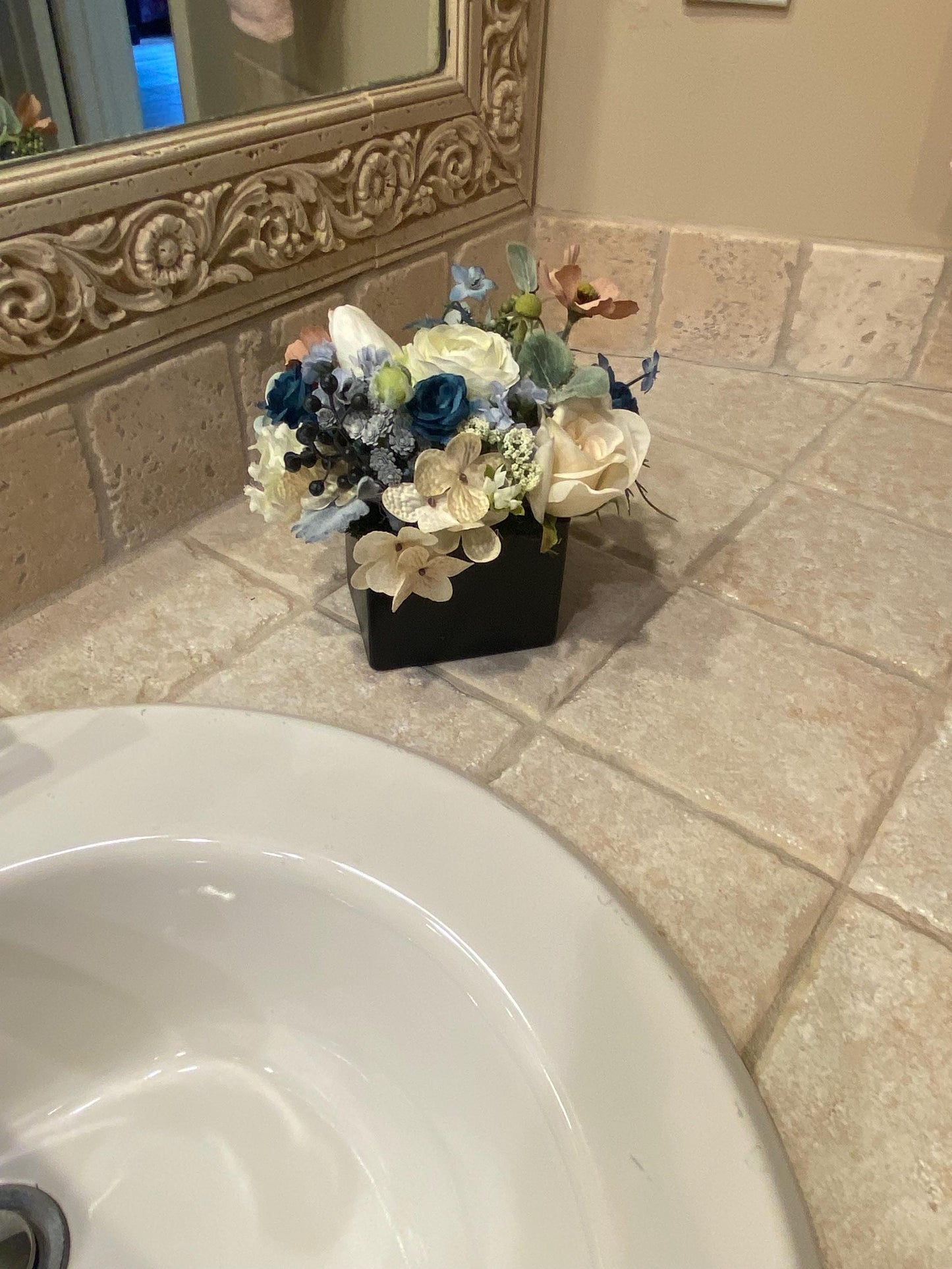 Little Blue Pavey Nosegay Beautiful Ranunculus and roses in black glass cube. Baby blue and ivory, Artificial ,  7"x7"