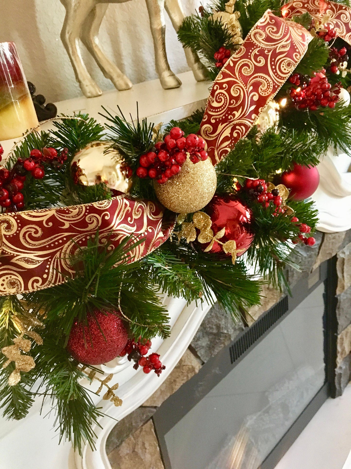 Burgundy Gold Christmas Garland, 48 LED Lights, 6 ft