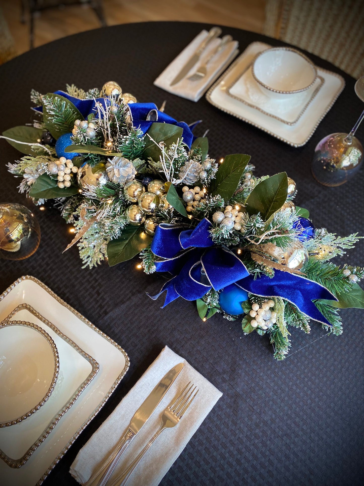 Blue Velvet Holiday Table Runner with Silver Trim, LED Lights