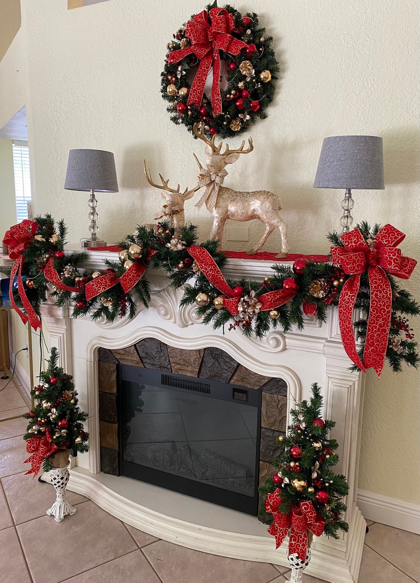 Red Swirl Ribbon Set of 4pc, Garland and 2 Topiaries. FREE SHIPPING. Cordless, Pre-lit, Timer.