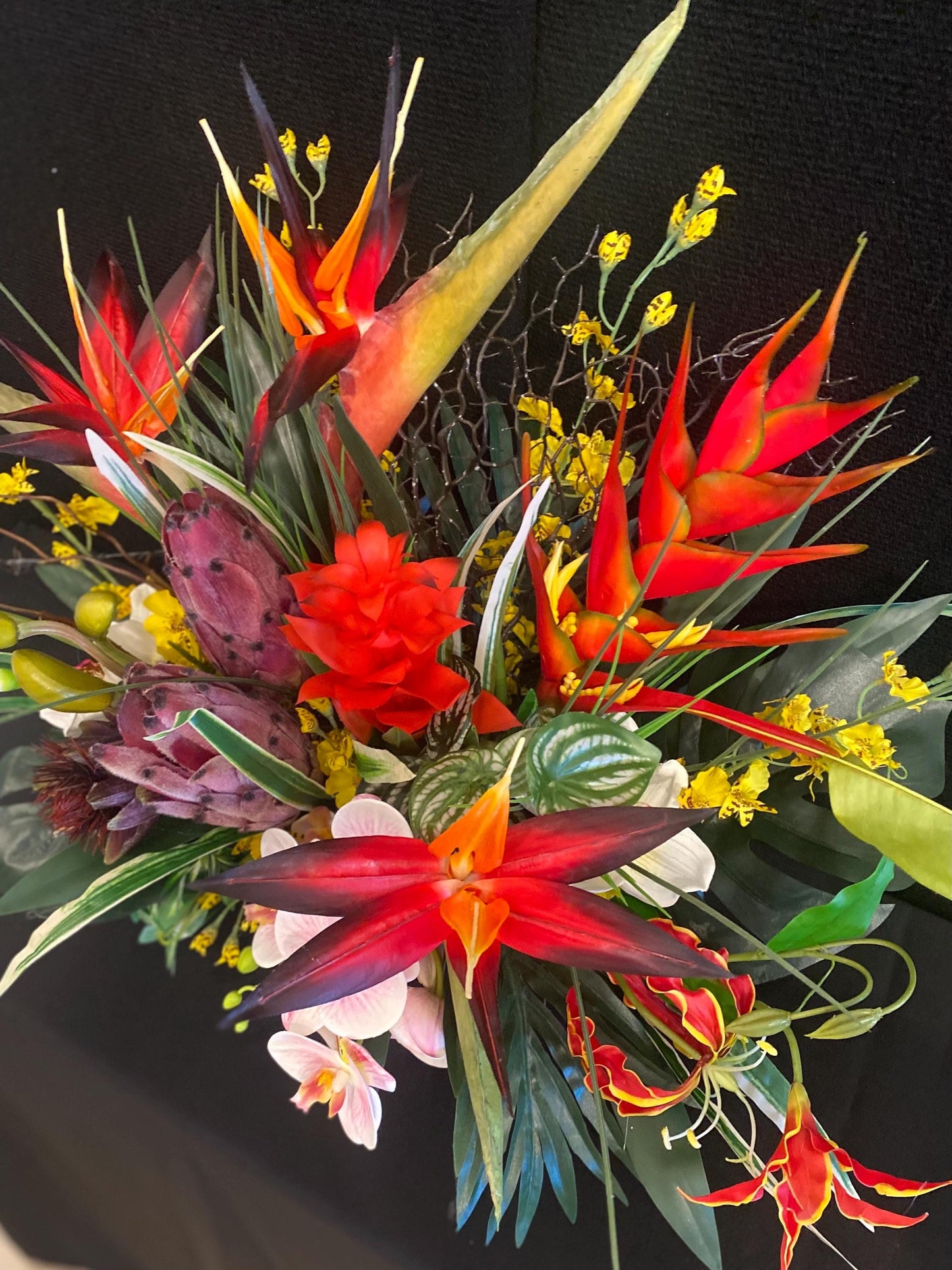 Bird of Paradise and  Heliconia  in Black Ceramic Vase. Tropical Centerpiece with  Artificial Arrangement. 26Wx18Hx15D