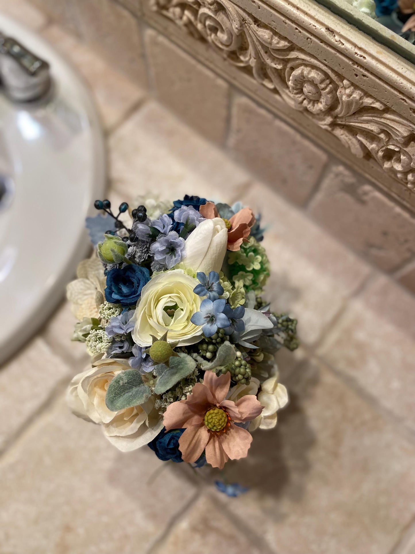 Little Blue Pavey Nosegay Beautiful Ranunculus and roses in black glass cube. Baby blue and ivory, Artificial ,  7"x7"