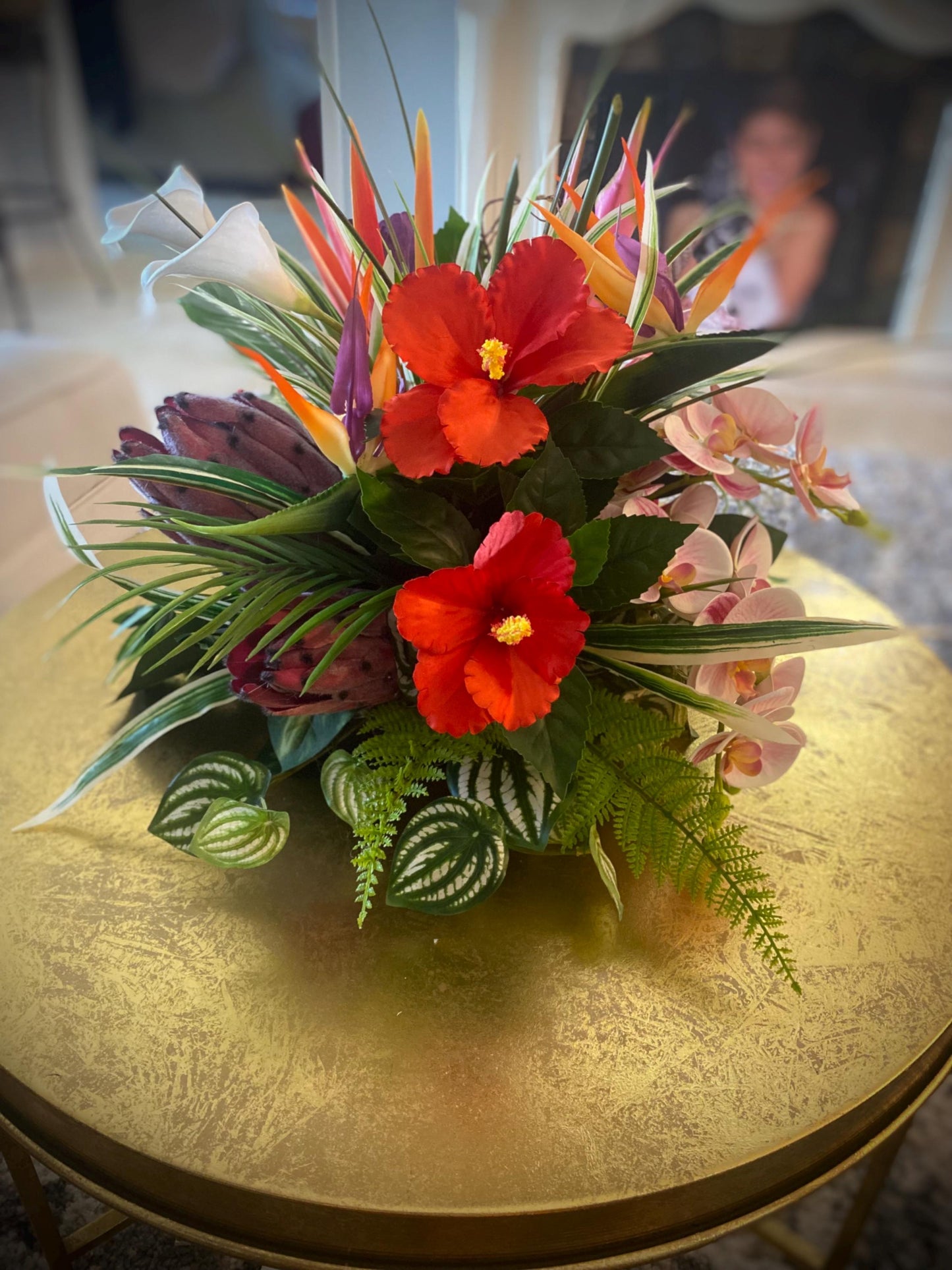 Hibiscus Paradise . 19x19x15  Tropical Centerpiece.  Beautiful Bird of paradise, King Protea,  Hibiscus, Orchids stems.  Artificial, Faux.