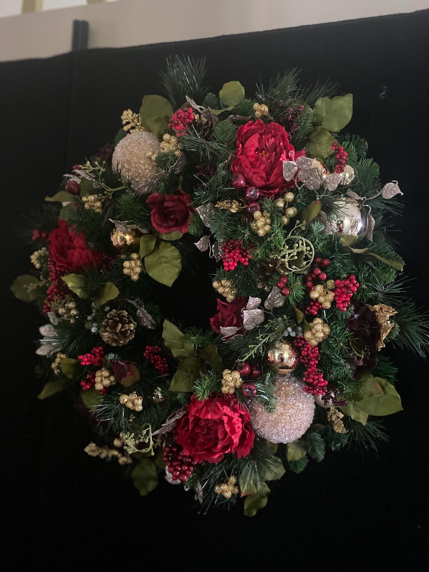 XL  36" Red Christmas Wreath,Wreaths, Pre Lit LED Cordless Light, Ruby Red, Gold, Peony Mix. Artificial, Ever Lasting,  Burgundy, Elegant,