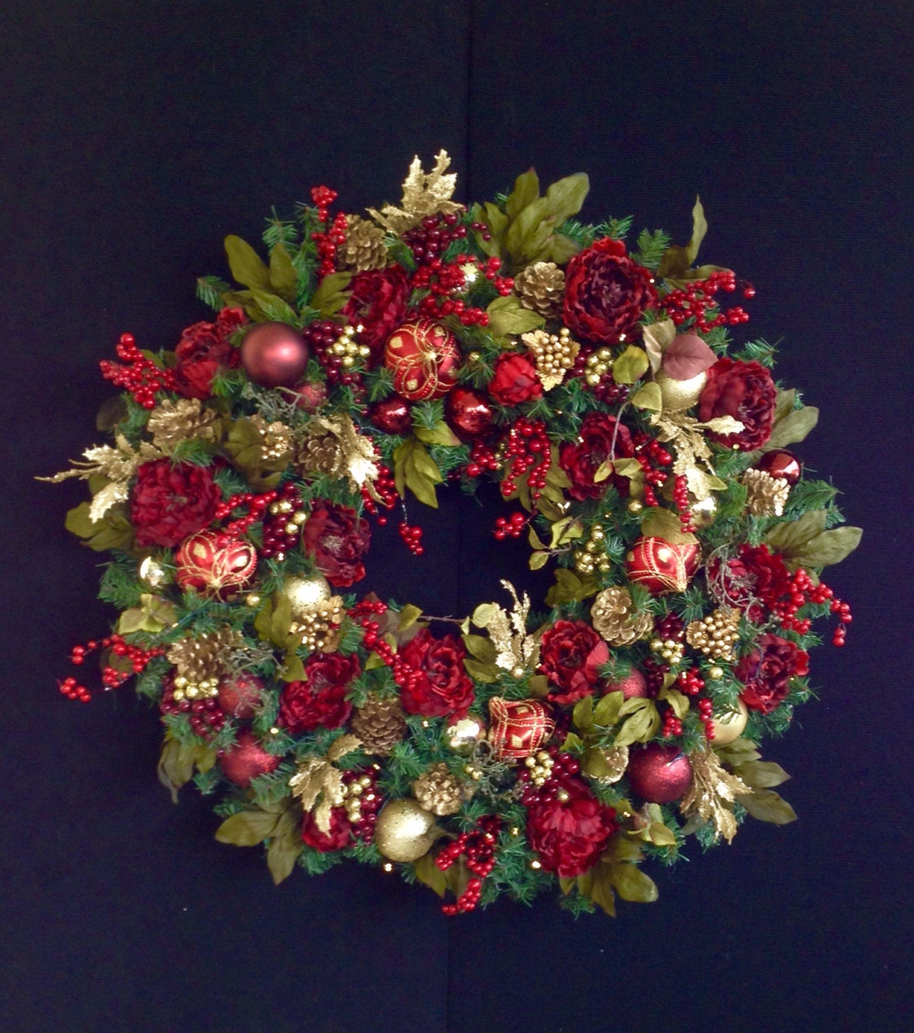 XL  36" Red Christmas Wreath,Wreaths, Pre Lit LED Cordless Light, Ruby Red, Gold, Peony Mix. Artificial, Ever Lasting,  Burgundy, Elegant,