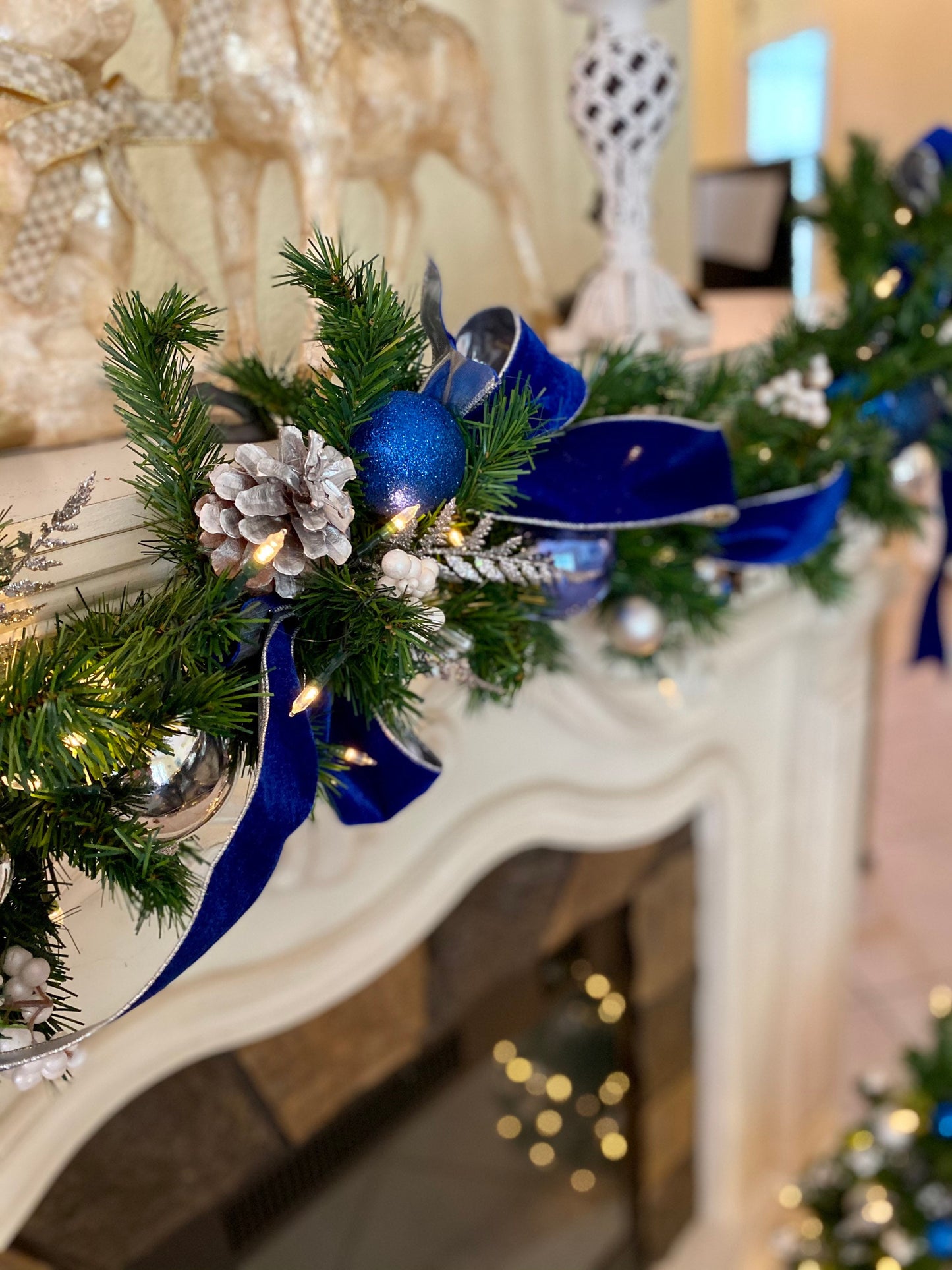 Christmas Garland. Blue Velvet Ribbon with silver trimmings/ backing, Cordless, FREE SHIPPING,  50 LED light cordless with timer,