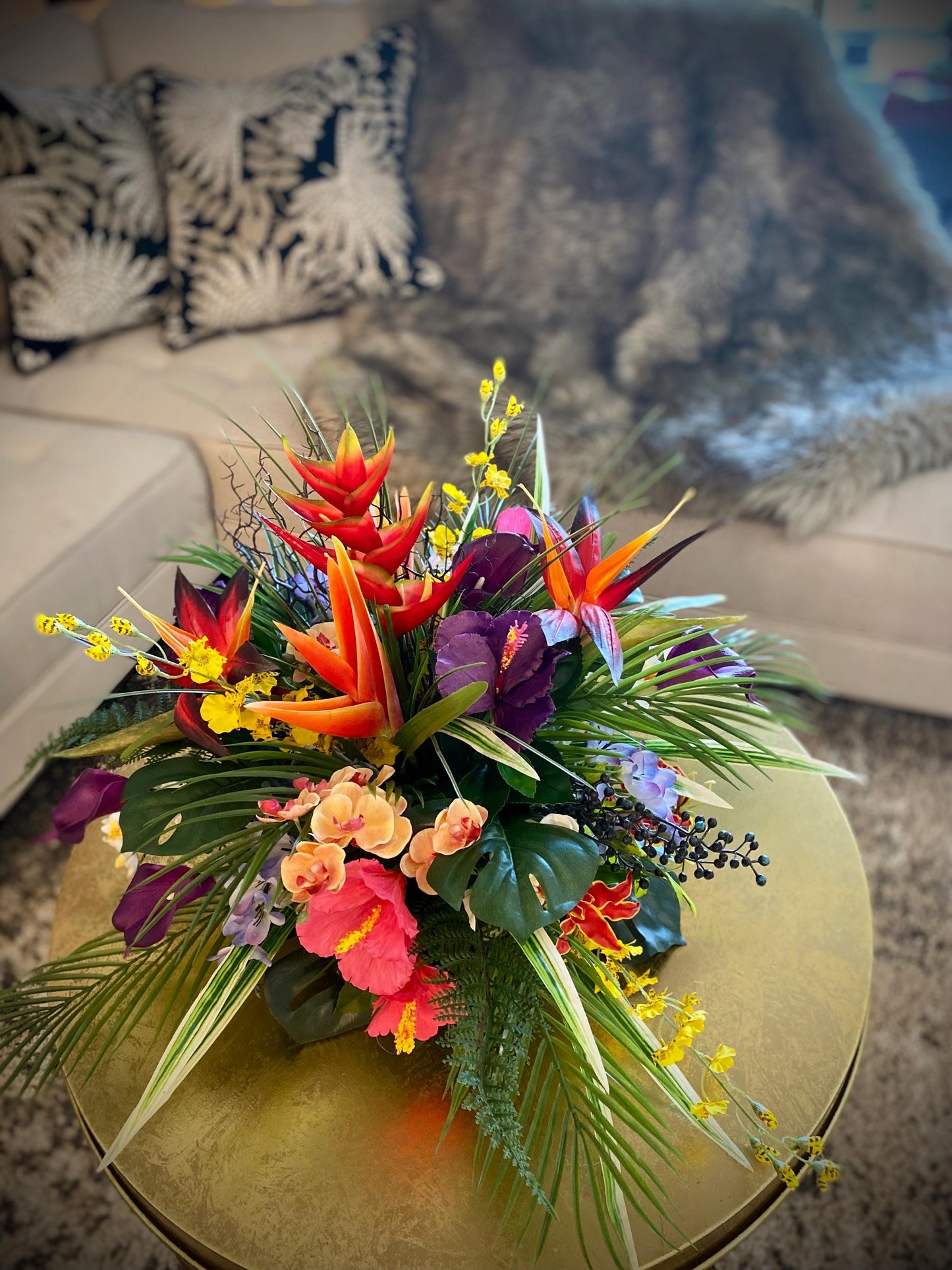 Hawaii Breeze Heliconia and Coral Fan Faux Large Floral Centerpiece, Tropical Arrangement . Artificial Flower Arrangement.