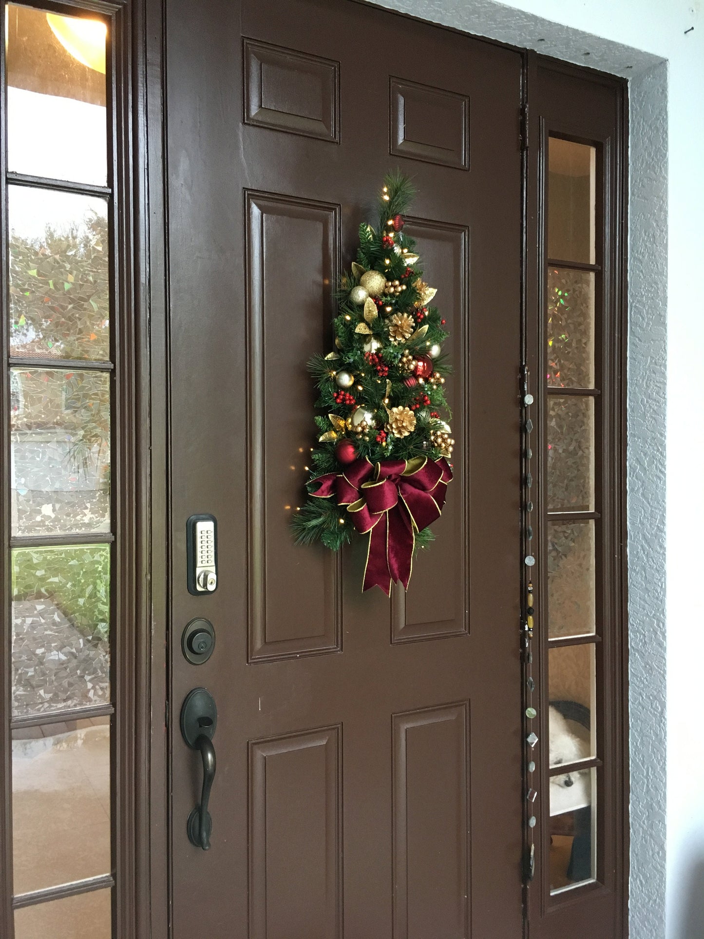 Christmas Tear Drop Swag, Burgundy Velvet Bow, Cordless Lighted Wall Tree