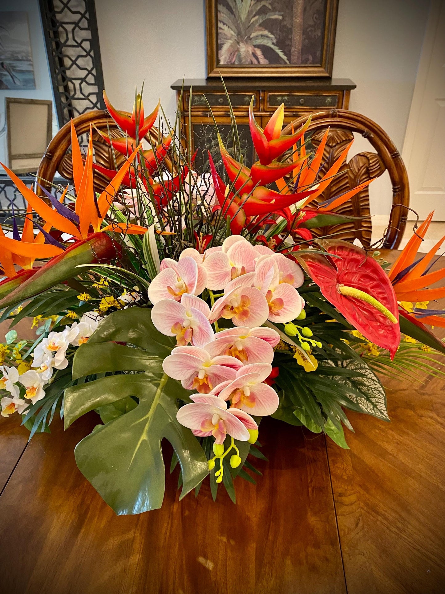 XL tropical arrangement with black wooden vessels. Heliconia, Bird of Paradise and Coral Fan.  Faux Floral Centerpiece,  (36x20x20) 8 pounds