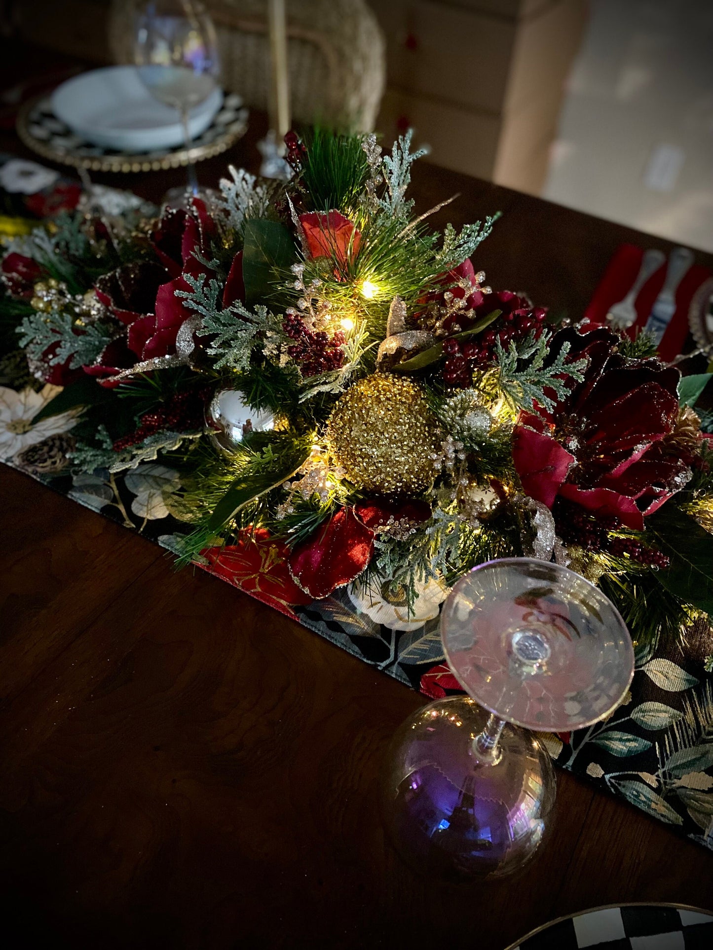 Velvet Wine Red Magnolia Holiday Centerpiece, LED Lights & Timer