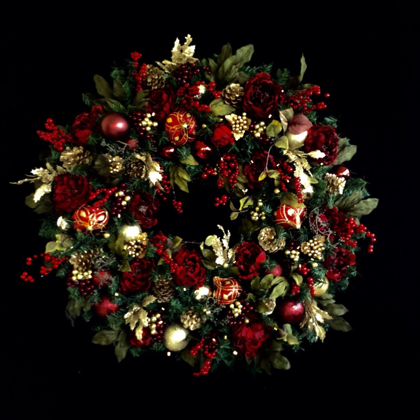 XL  36" Red Christmas Wreath,Wreaths, Pre Lit LED Cordless Light, Ruby Red, Gold, Peony Mix. Artificial, Ever Lasting,  Burgundy, Elegant,