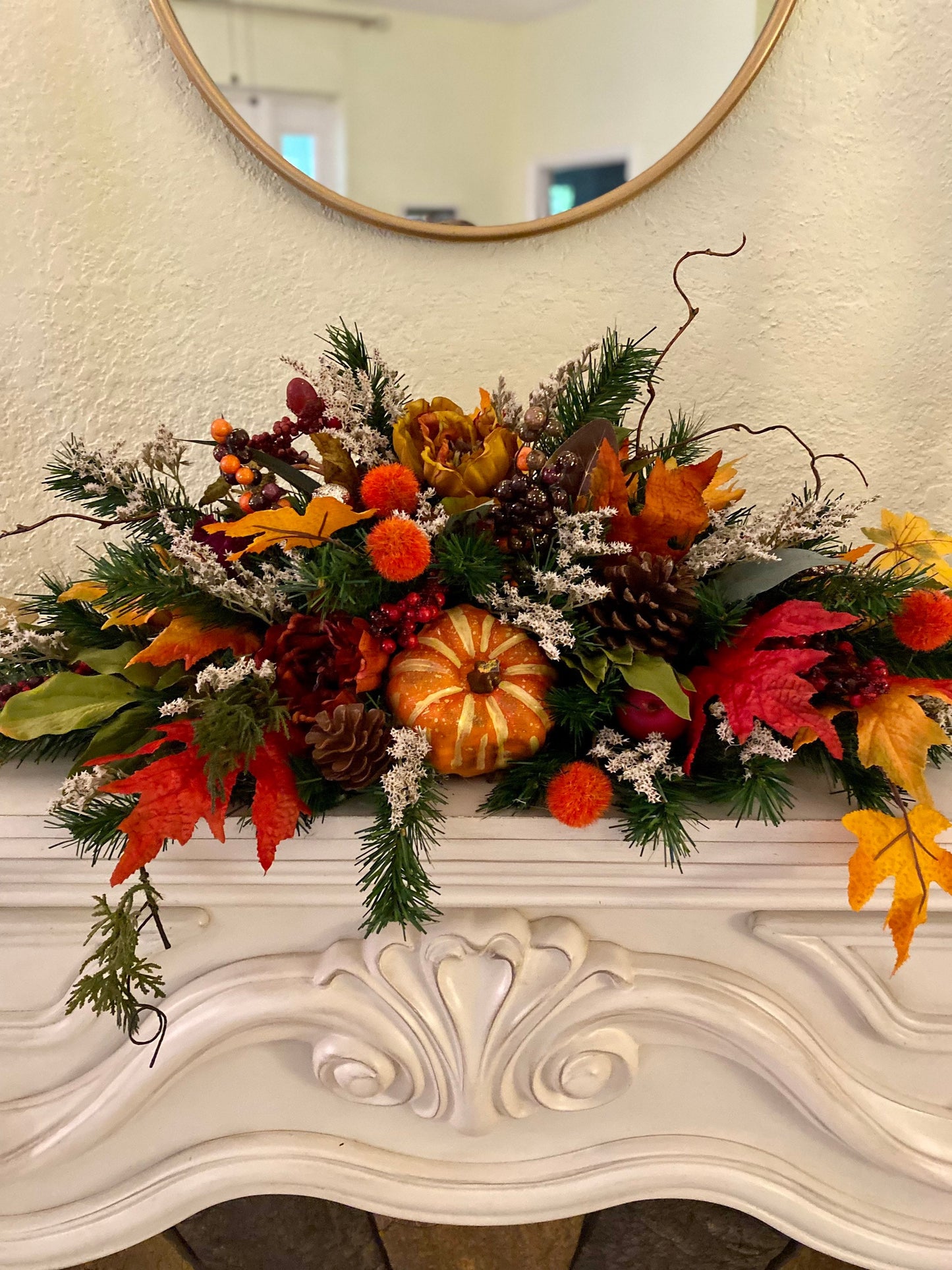 Fall Thanksgiving Centerpiece, Large Pumpkin Floral Arrangement, Autumn Table Decor, Mantle Decor. Faux Fall Flowers.