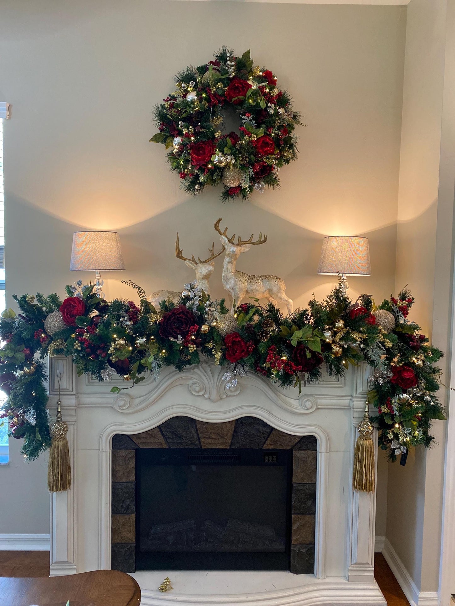 Luxury Red Peony Christmas Wreath and Garland Set, Cordless Pre-lit Decor