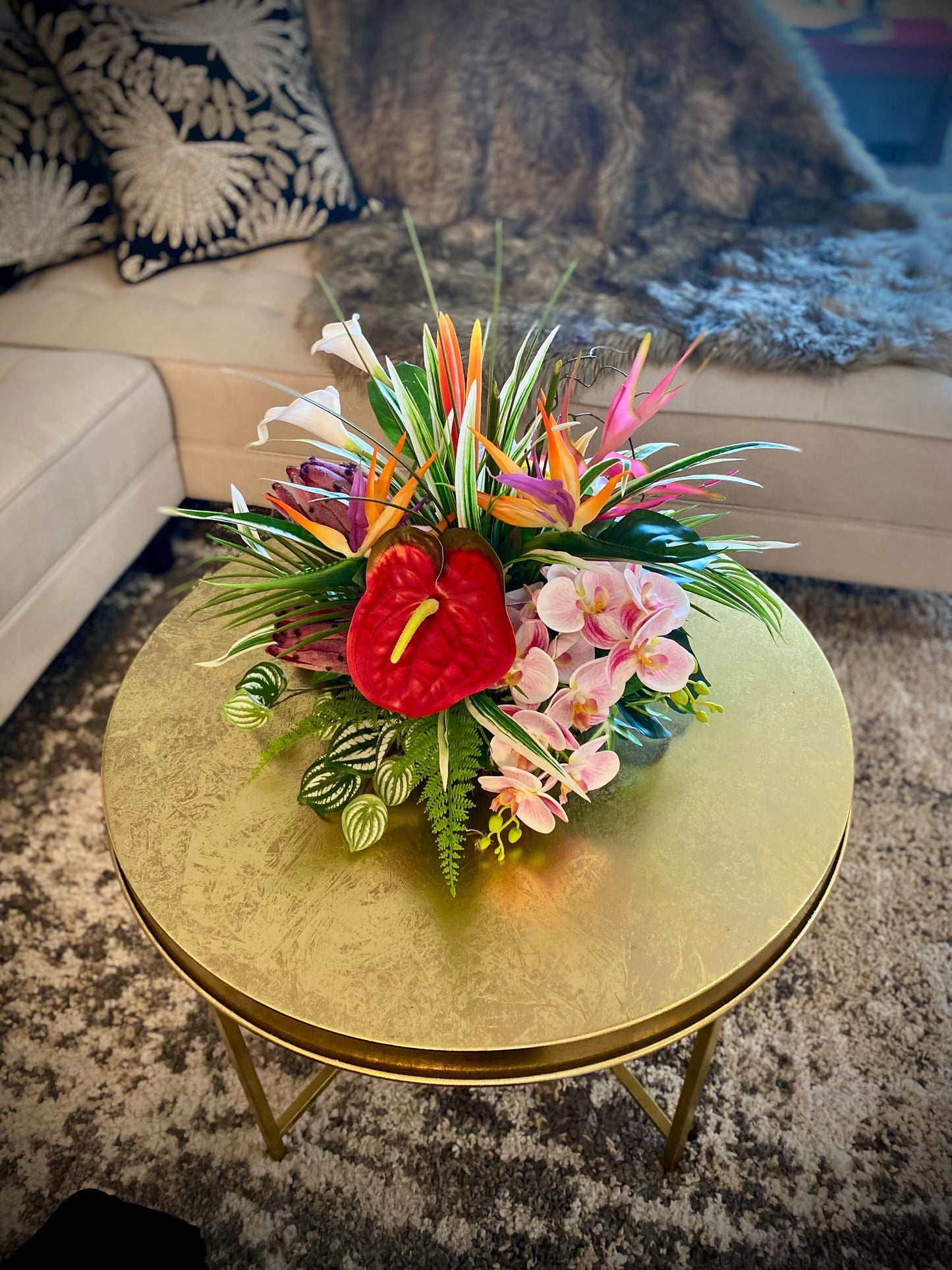 Paradise Found. 18x18x15  Tropical Centerpiece.  Beautiful Bird of paradise, King Protea, Orchids stems.  Artificial, Faux, Silk,