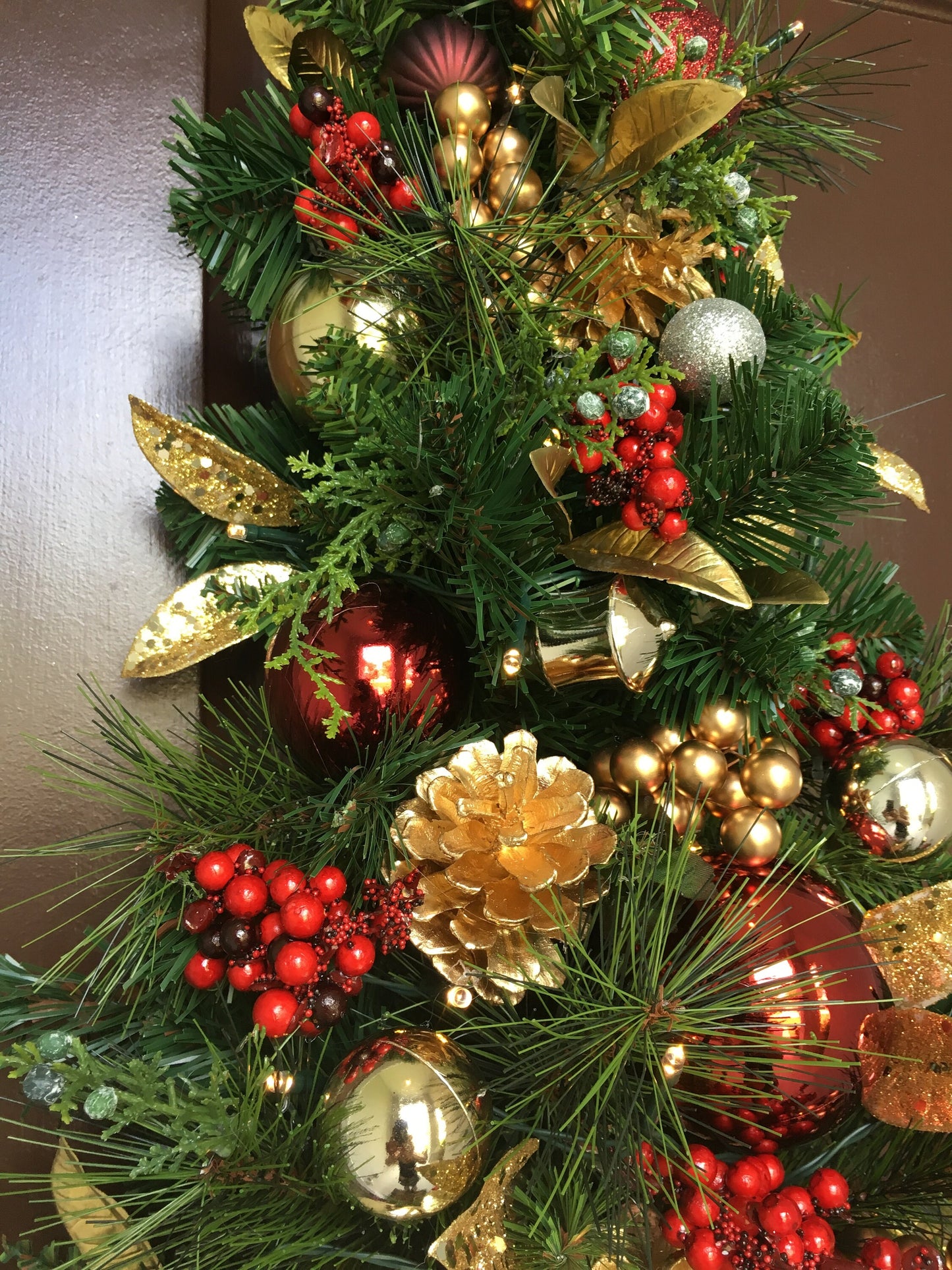 Christmas Teardrop Swag, Burgundy Velvet Bow, Battery Lighted Wall Tree
