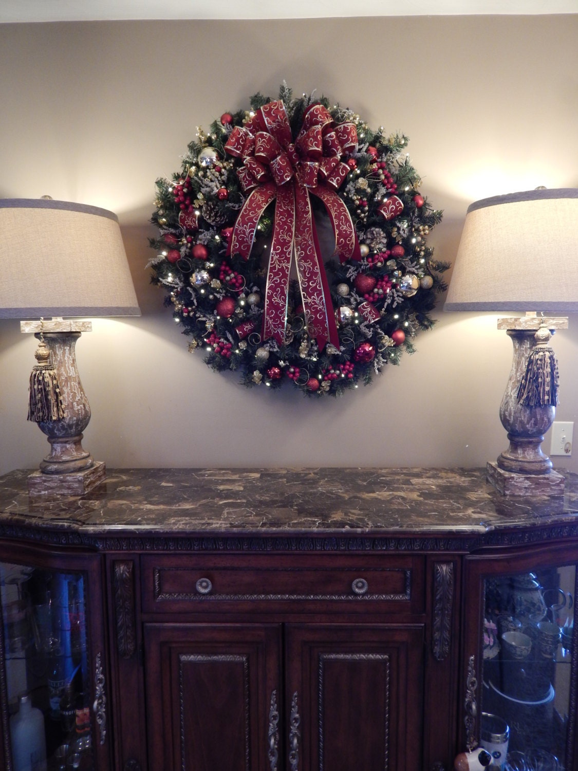 XL 36" Christmas Wreath, Lighted Wreath, Red Wreath, Cordless Wreath, Holiday Wreath,  Free Shippings.
