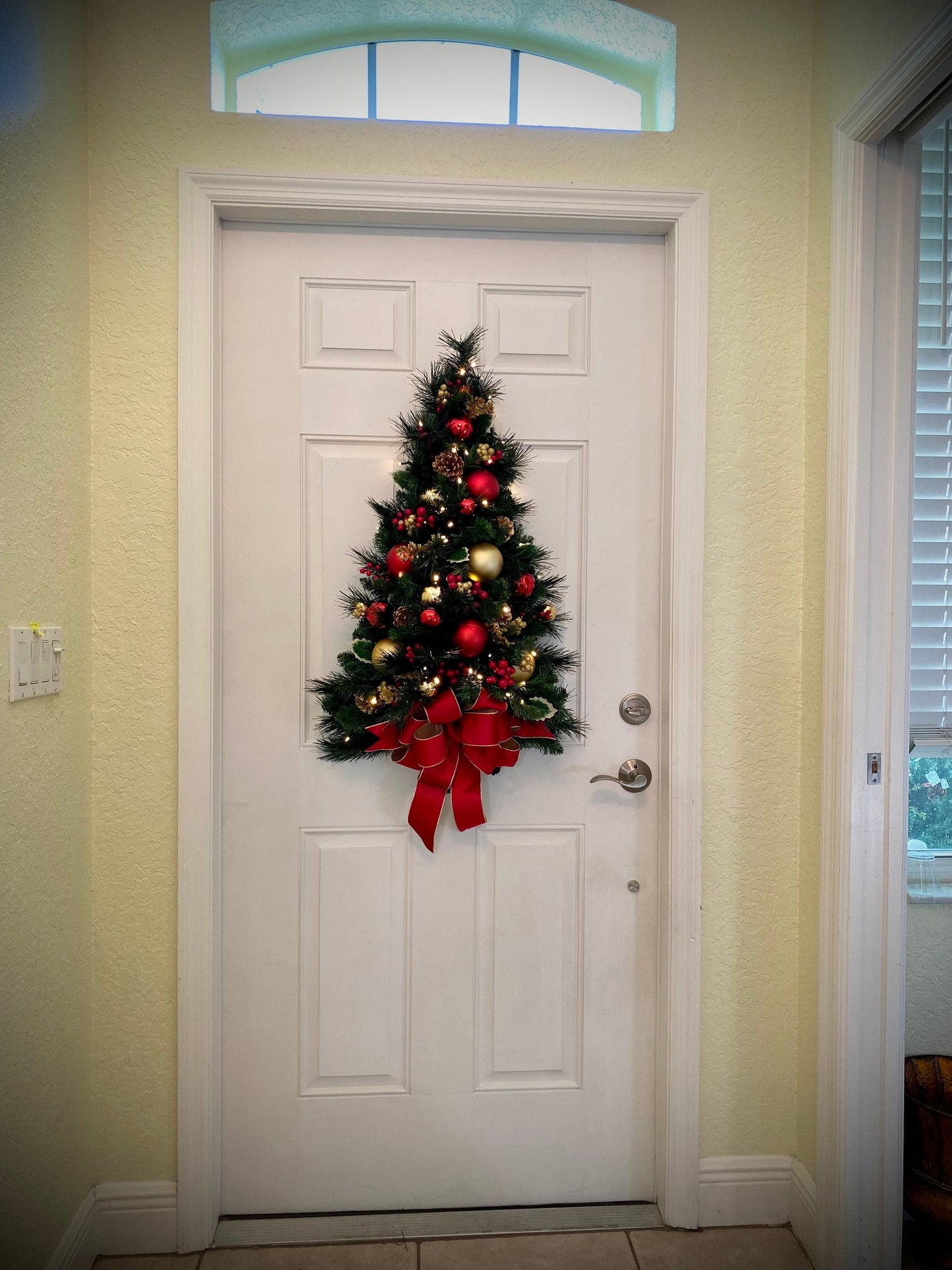 Large Christmas Teardrop Swag, Red Velvet Ribbon, Cordless Lit Wall Tree