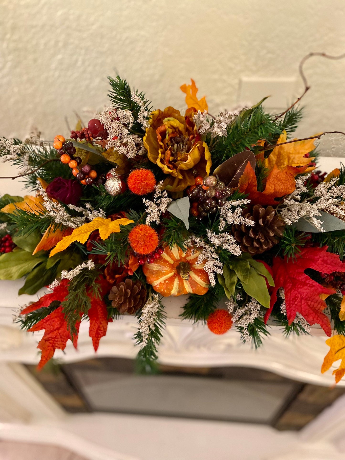 Fall Thanksgiving Centerpiece, Large Pumpkin Floral Arrangement, Autumn Table Decor, Mantle Decor. Faux Fall Flowers.