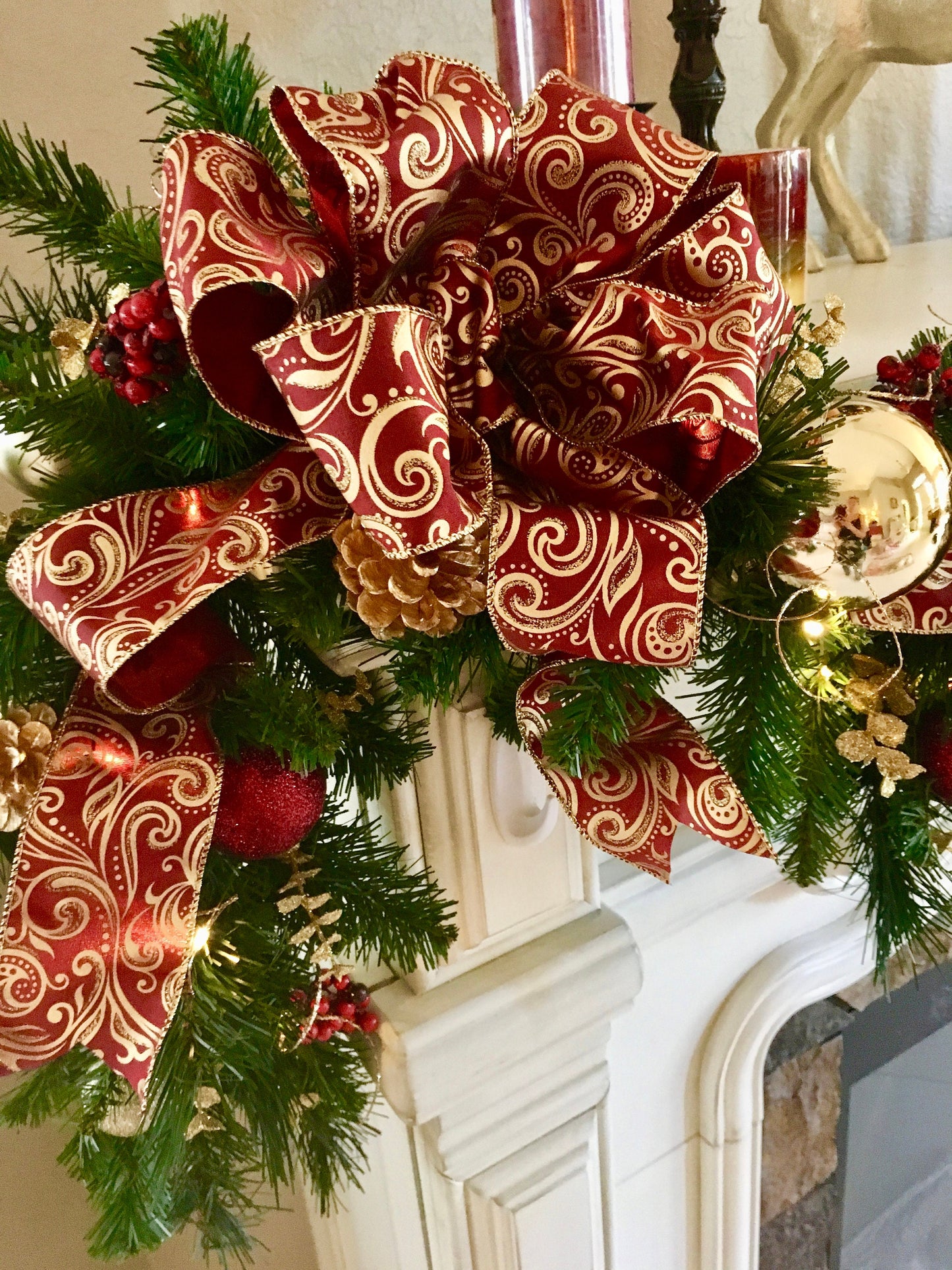 Burgundy Gold Christmas Garland, 48 LED Lights, 6 ft