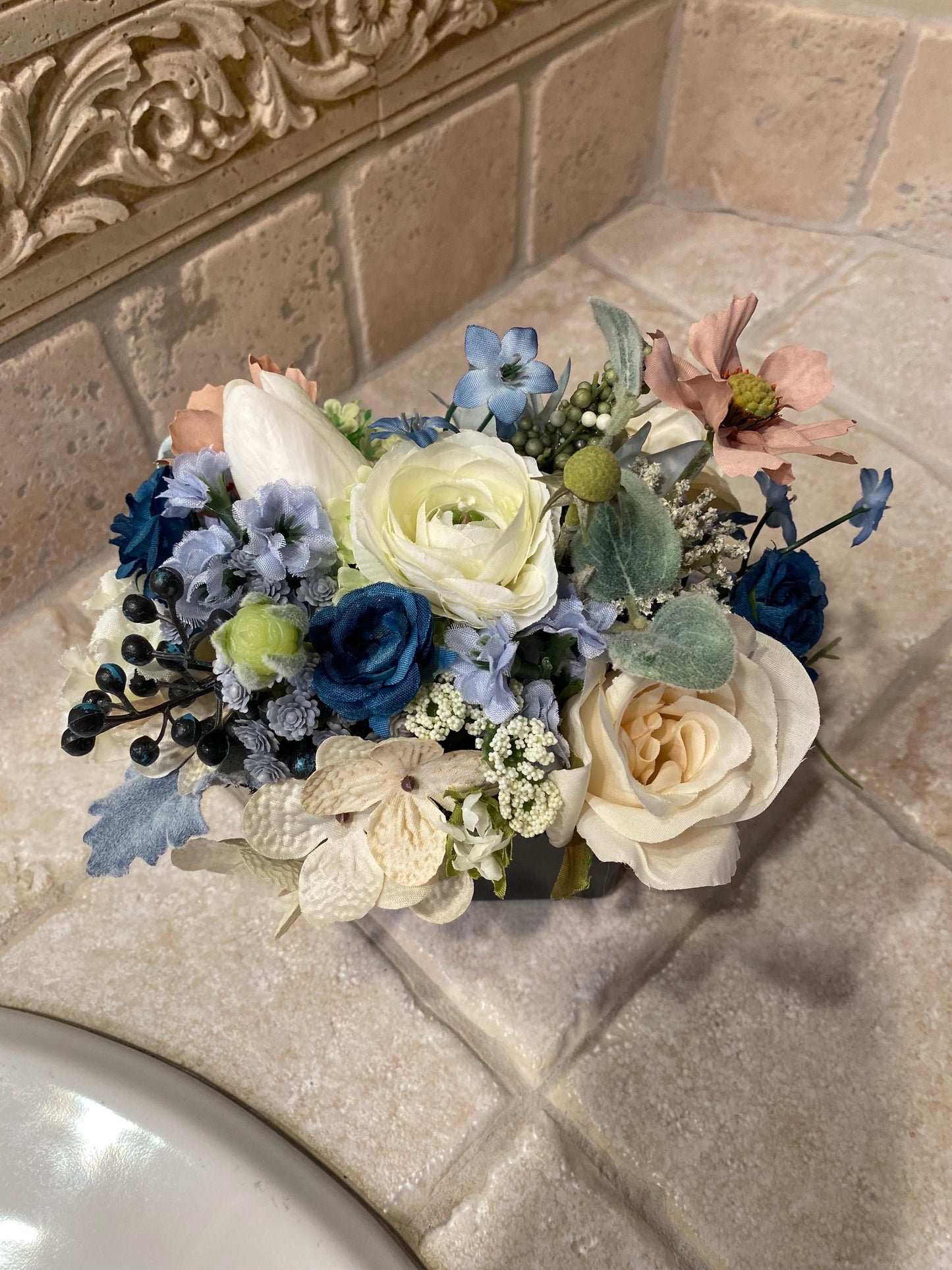 Little Blue Pavey Nosegay Beautiful Ranunculus and roses in black glass cube. Baby blue and ivory, Artificial ,  7"x7"