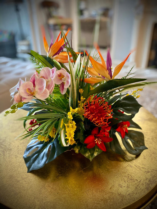 Love it! 15x15x15  Tropical Centerpiece.  2 or 3 Bird of Paradise,   Arrangement, Artificial, Faux, Silk, Tropical Flower Arrangement.